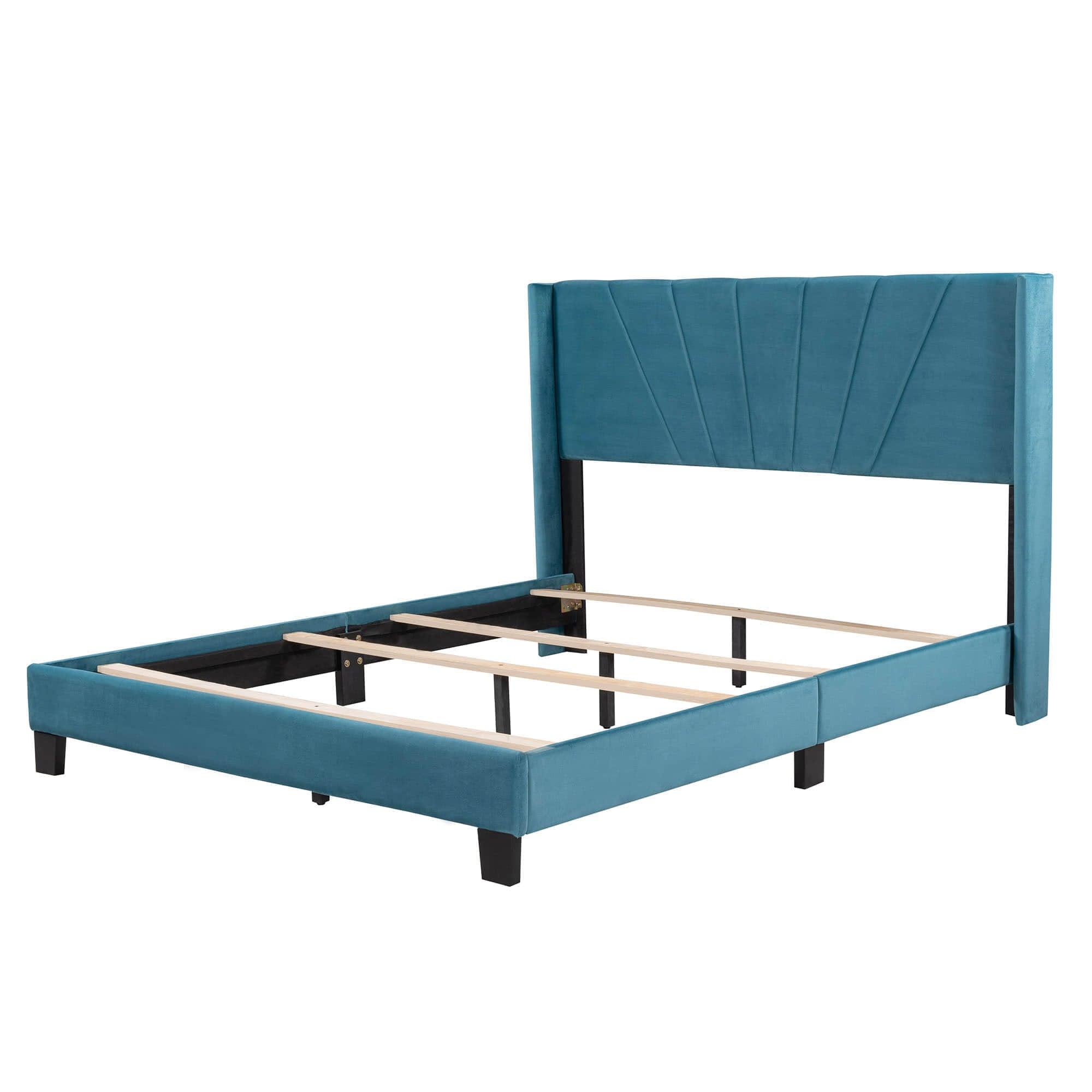 Queen Size Velvet Upholstered Platform Bed Frame with Headboard