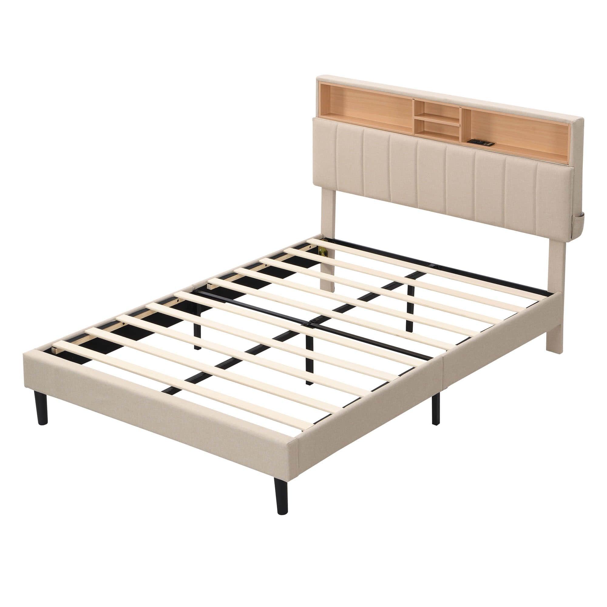 Mid-Century Modern Full Size Upholstered Platform Bed Frame with Storage