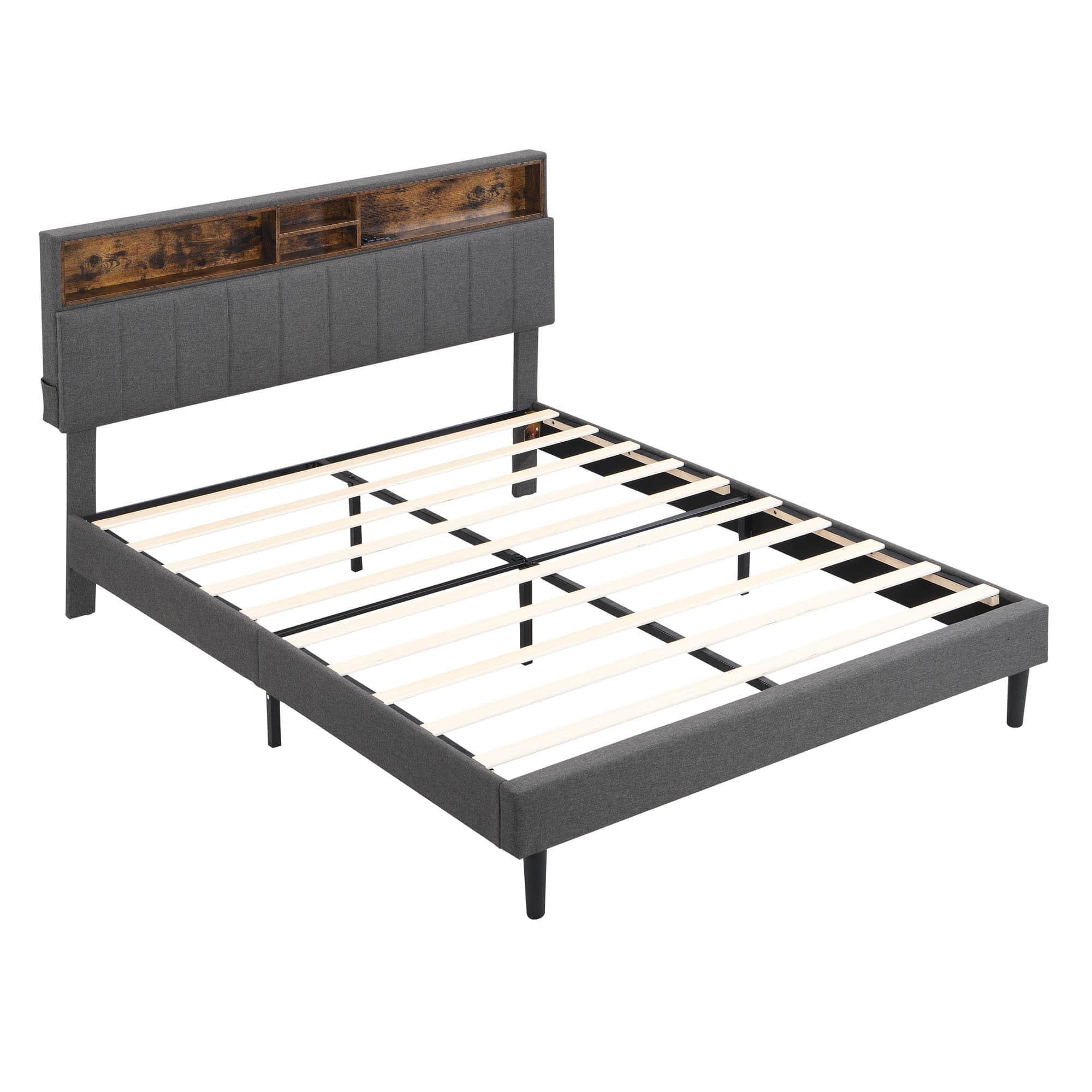 Mid-Century Modern Queen Size Upholstered Platform Bed Frame with Storage