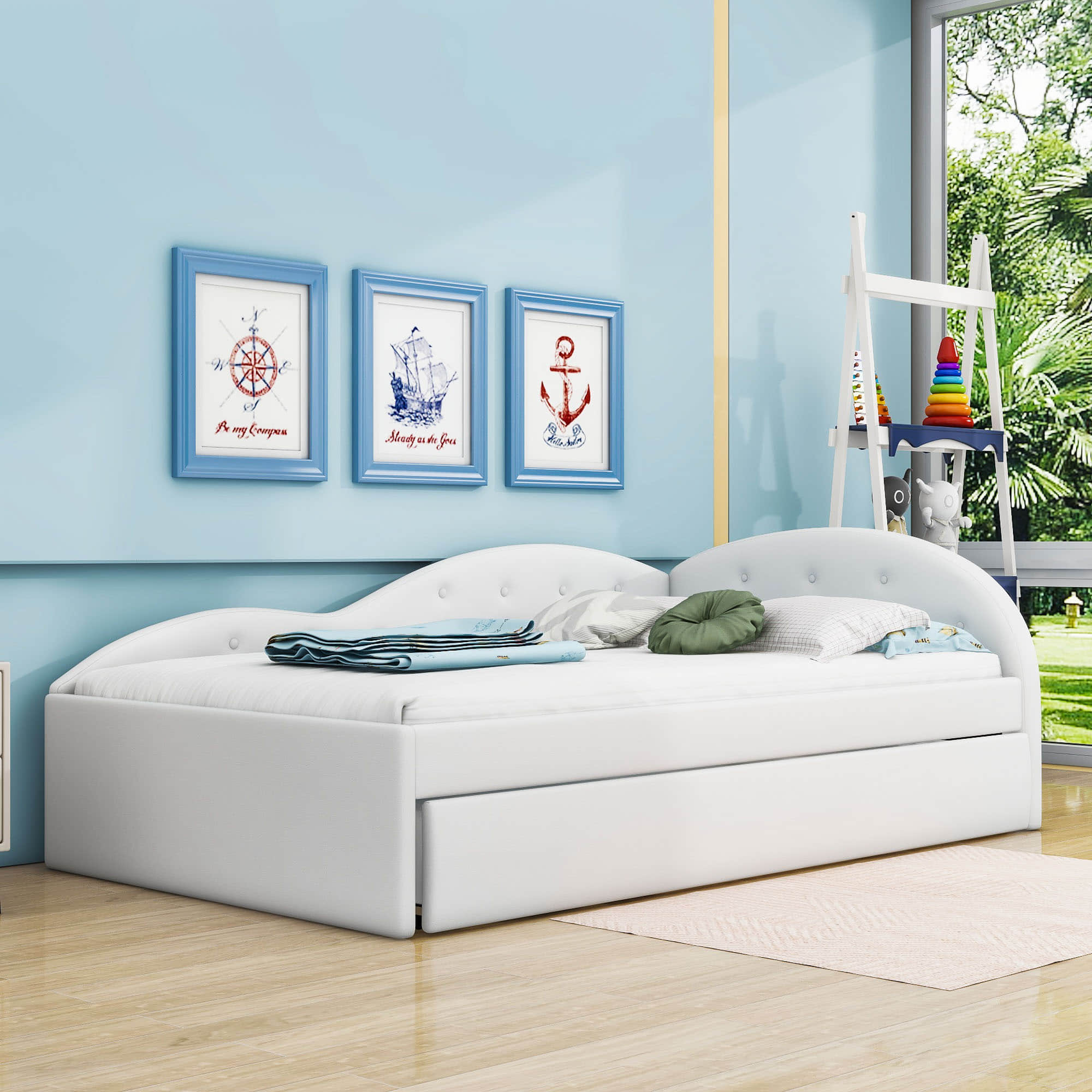 Twin PU Upholstered Kids Daybed with Trundle and Cloud-Shaped Rail