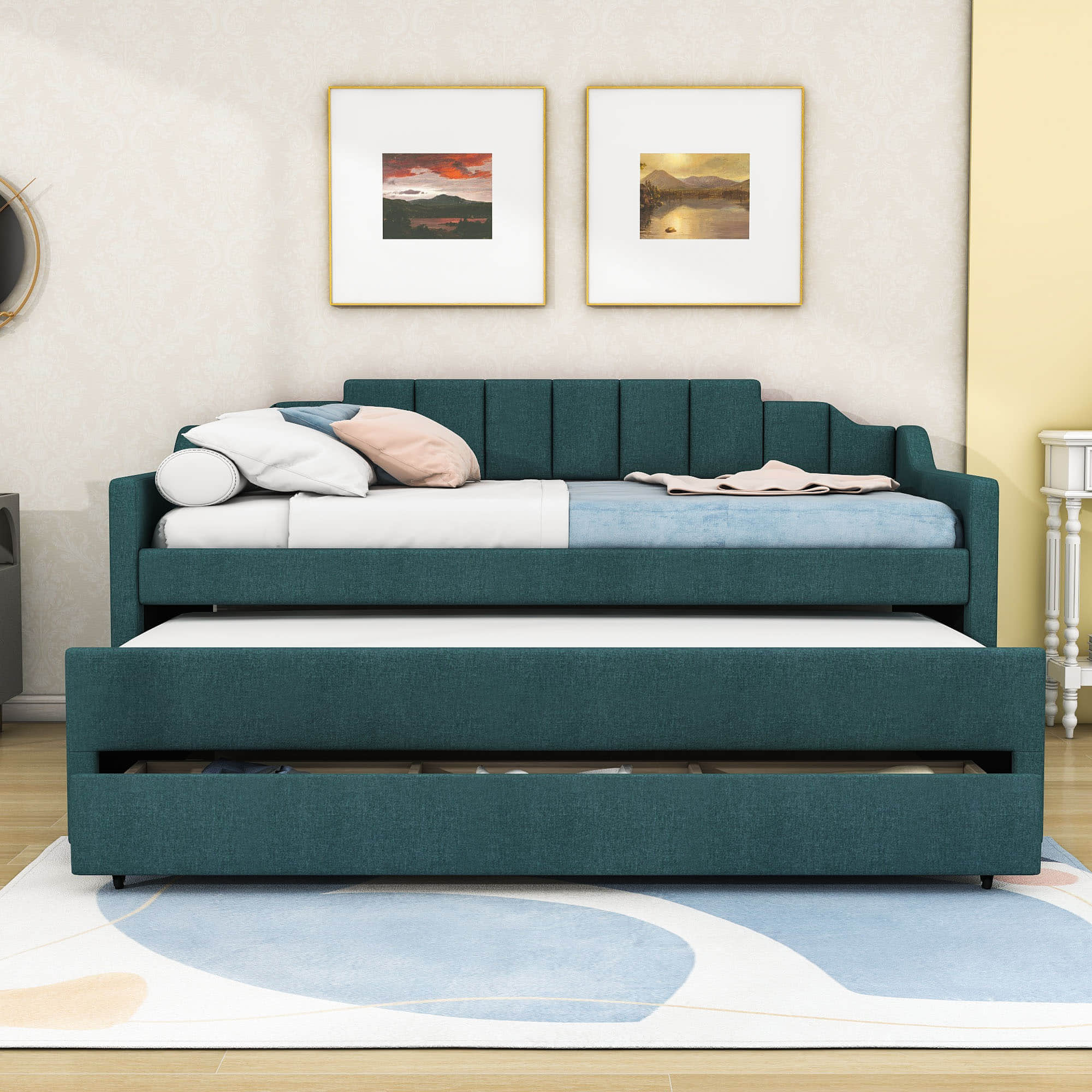 Twin Upholstered Daybed with Trundle and Storage - [Drawers, Linen]