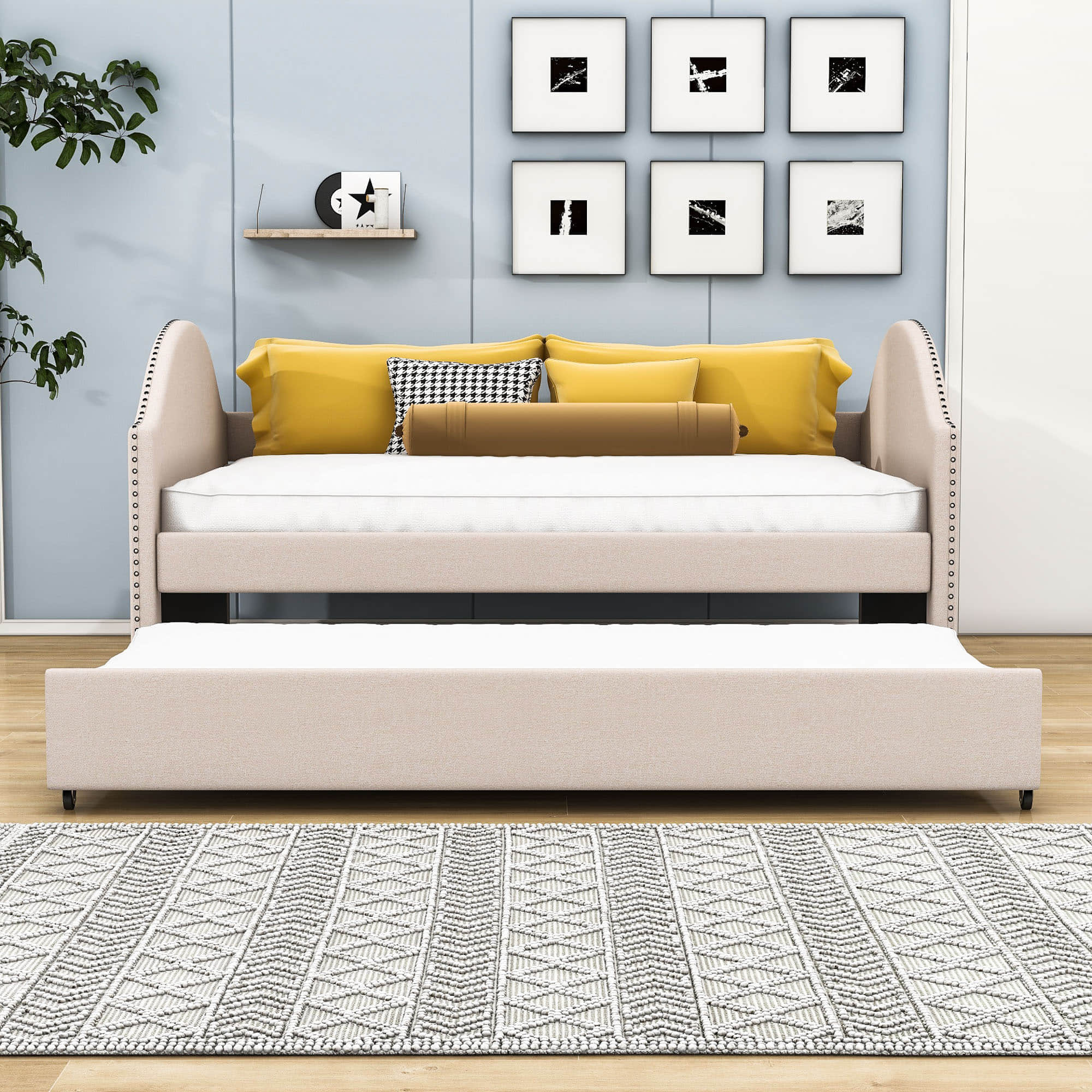 Modern Full Size Upholstered Daybed with Twin Trundle for Adults