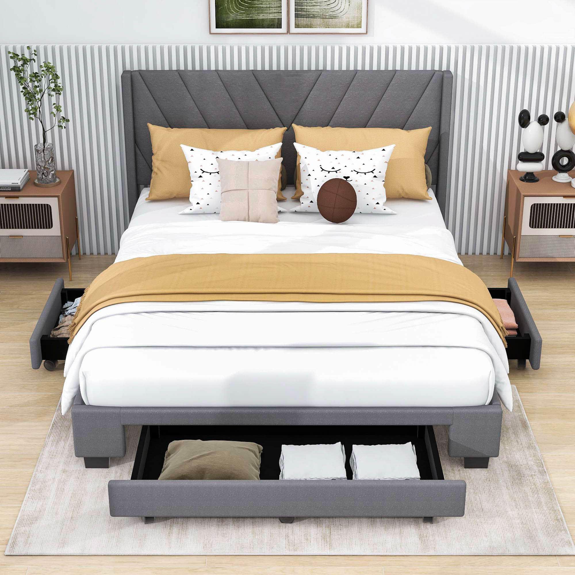 Queen Size Upholstered Platform Bed with Storage and Headboard - [Drawers, Linen]