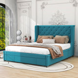 Queen Upholstered Bed Frame with Wingback Headboard and Storage