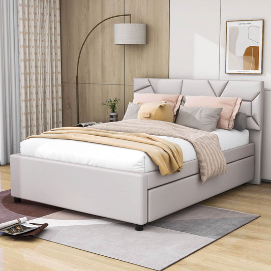 Full Upholstered Platform Bed Frame with Headboard, Twin Trundle Bed