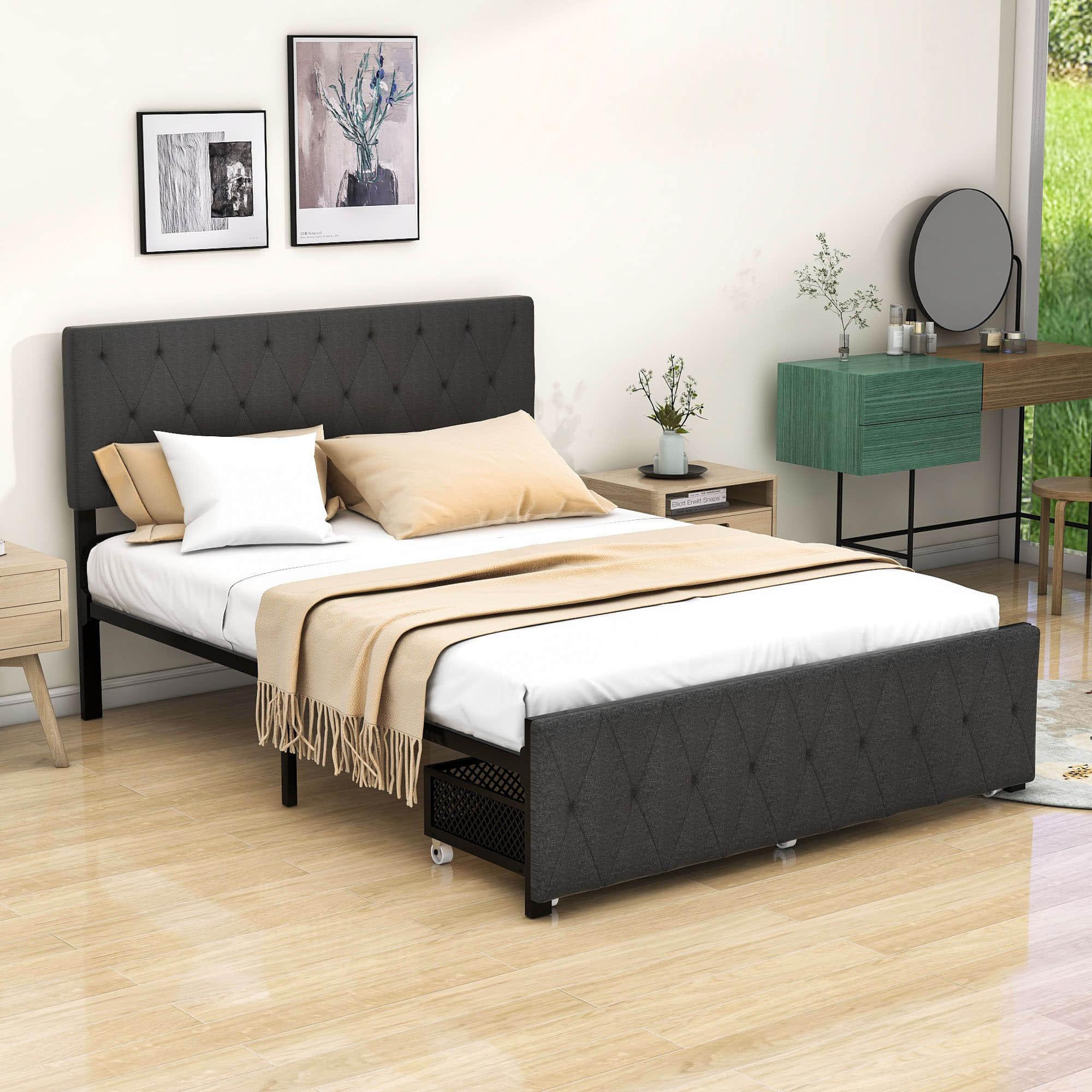 Metal Full Size Upholstered Storage Bed with Headboard and Drawers