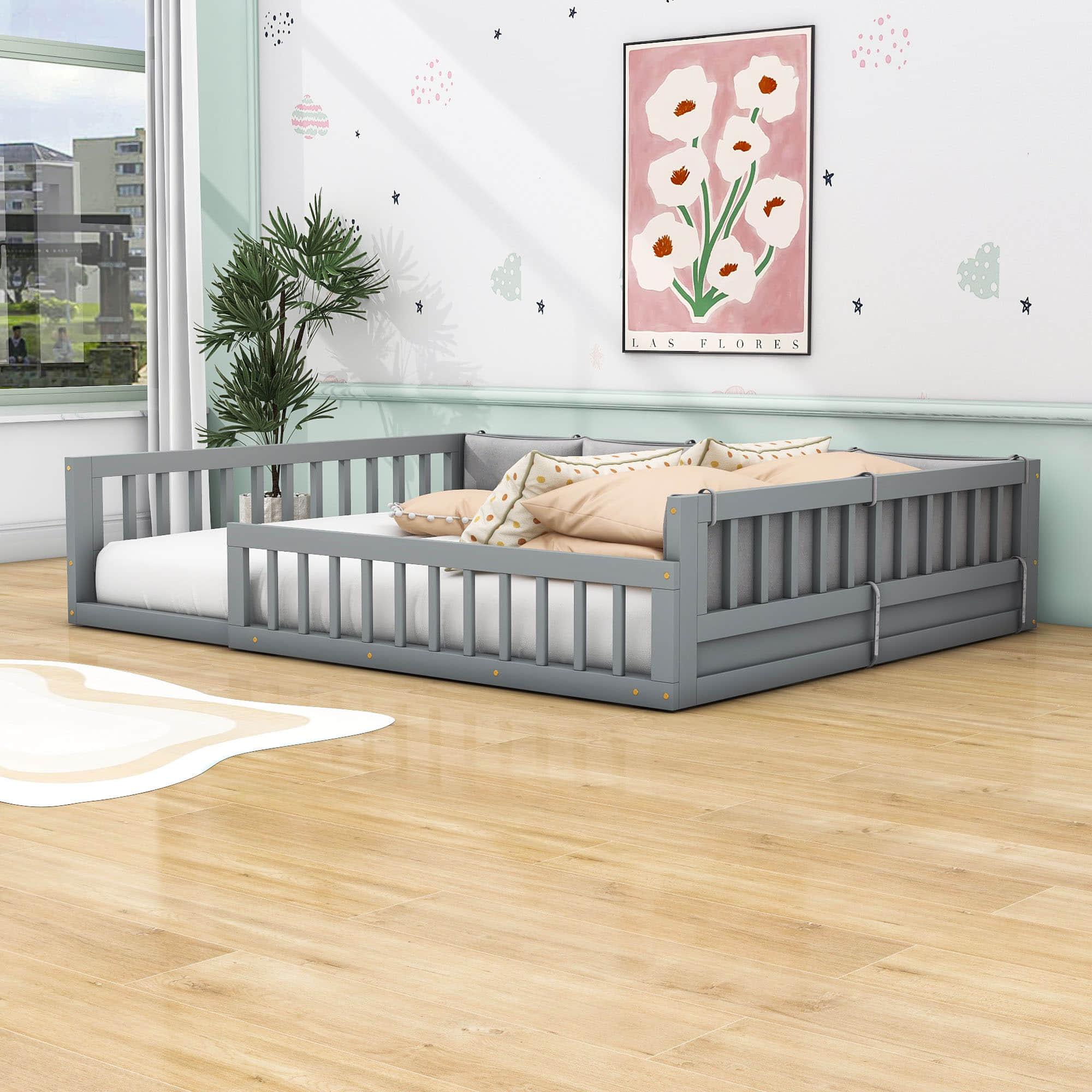 Wood & Upholstered Full Size Toddler Floor Bed with Rails and Pillow