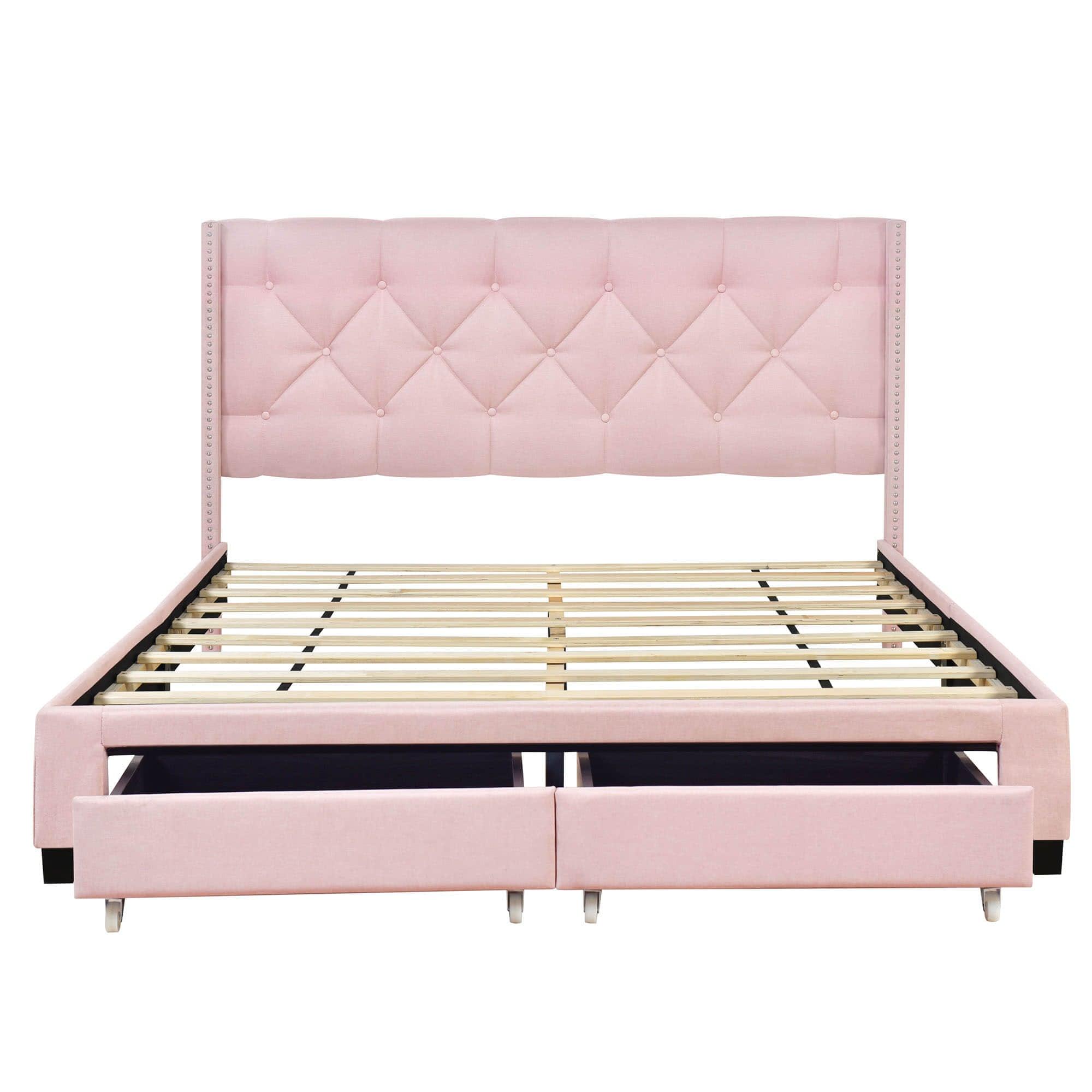 Queen Pink Upholstered Storage Bed Frame with Headboard, Drawers