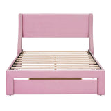 Velvet Upholstered Full Size Platform Bed with Headboard and Storage - [Drawer]