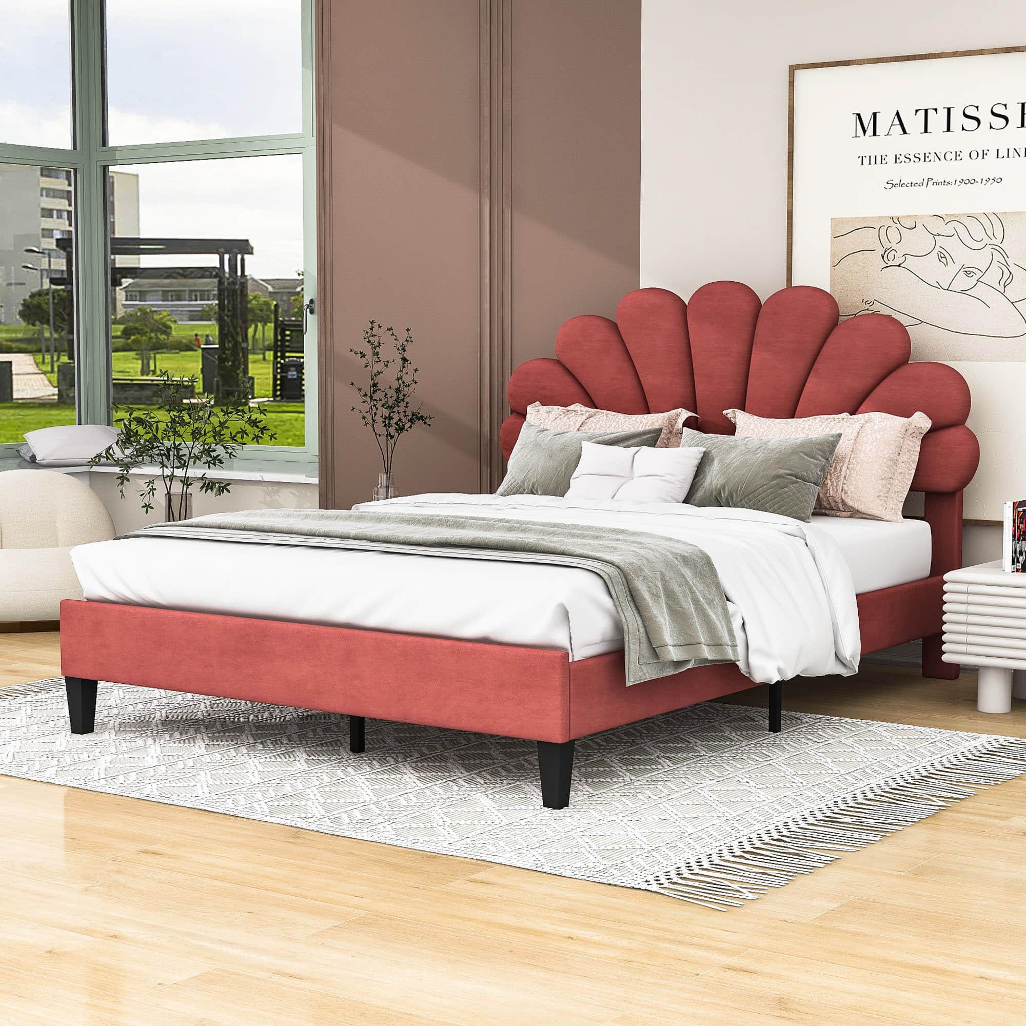 Modern Queen Size Velvet Upholstered Platform Bed Frame with Headboard