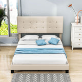 Queen Size Linen Upholstered Platform Bed with Tufted Headboard