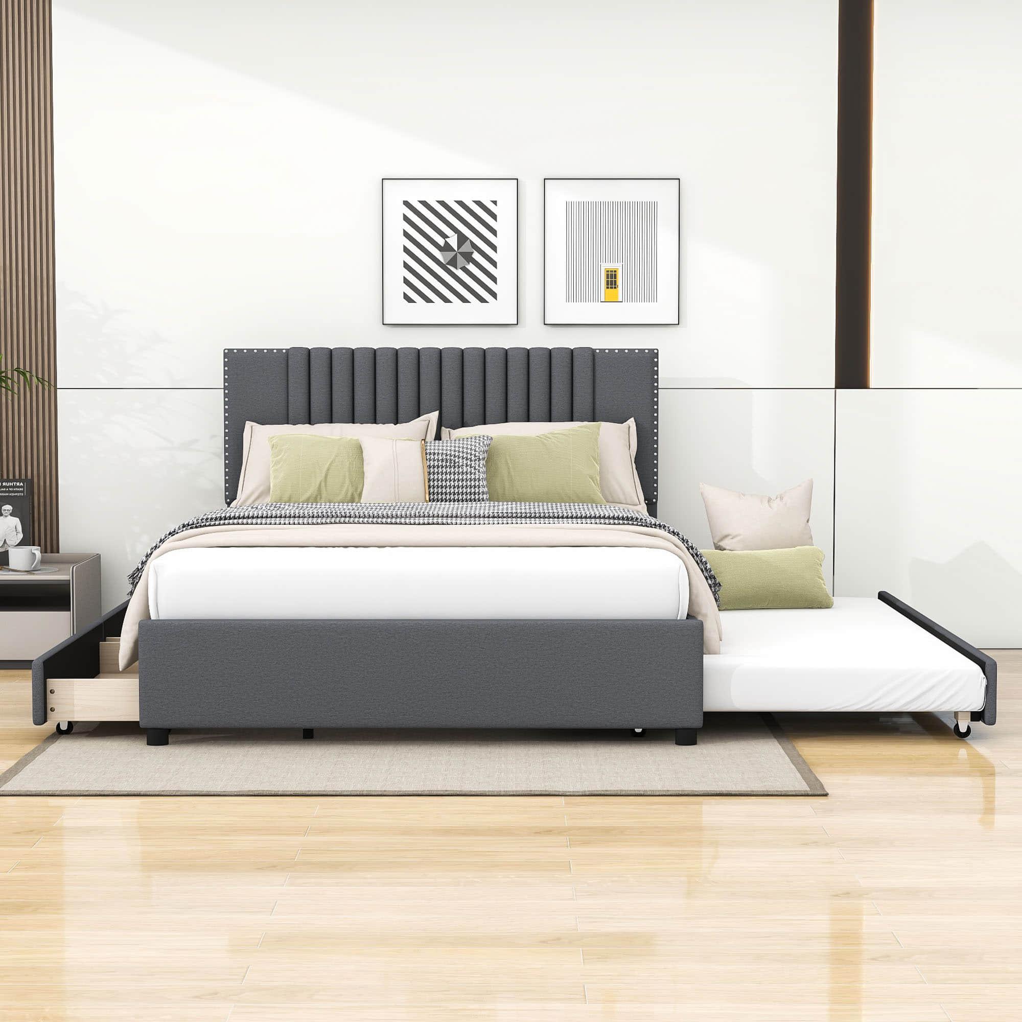 Upholstered Full Size Platform Bed Frame with Storage and Twin Trundle - [Drawers, Headboard]