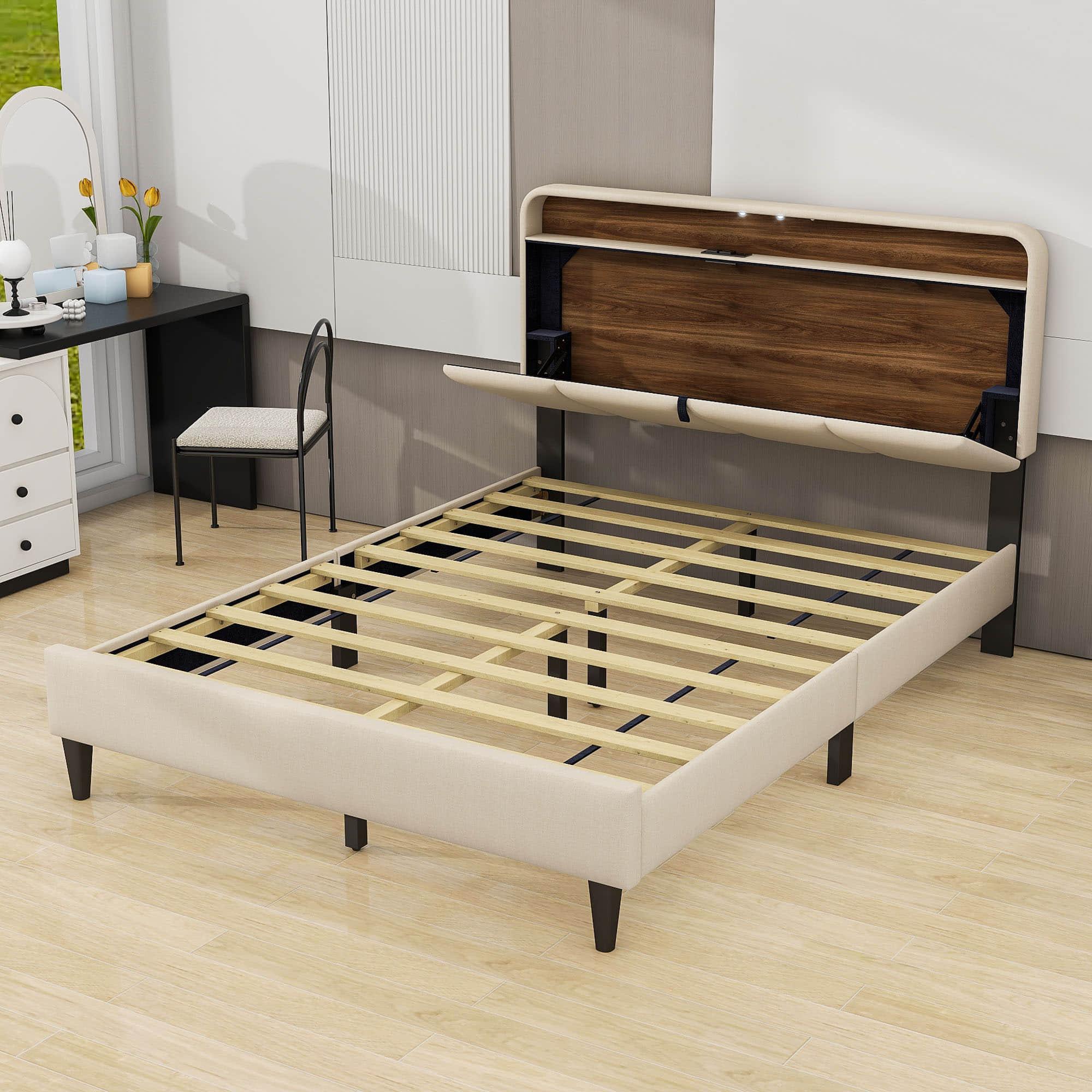 Smart Upholstered Queen Size Platform Bed Frame with Storage Headboard