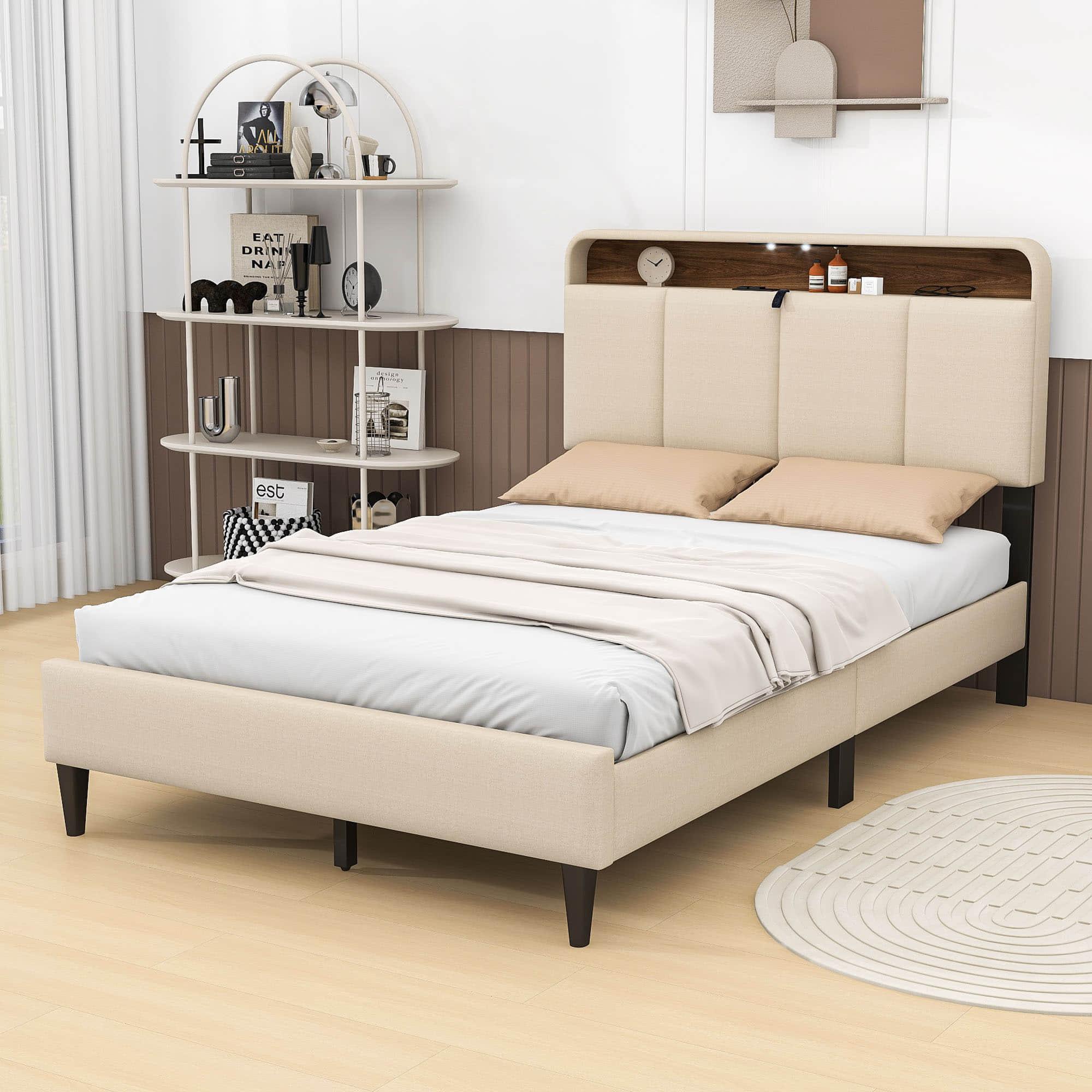 Smart Full Size Platform Upholstered Bed Frame with Storage Headboard