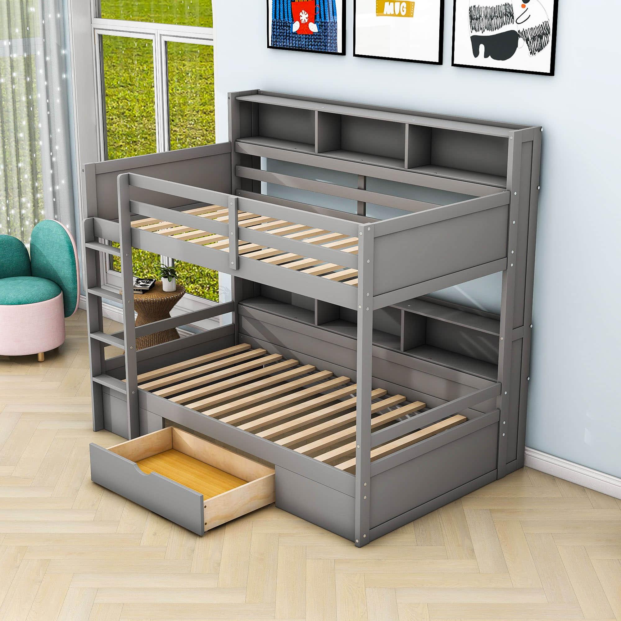 Twin Over Twin Bunk Beds with Storage Drawers and Shelves for Kids Adults - [Wooden]