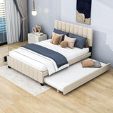 Velvet Upholstered Queen Size Platform Bed with Storage and Trundle