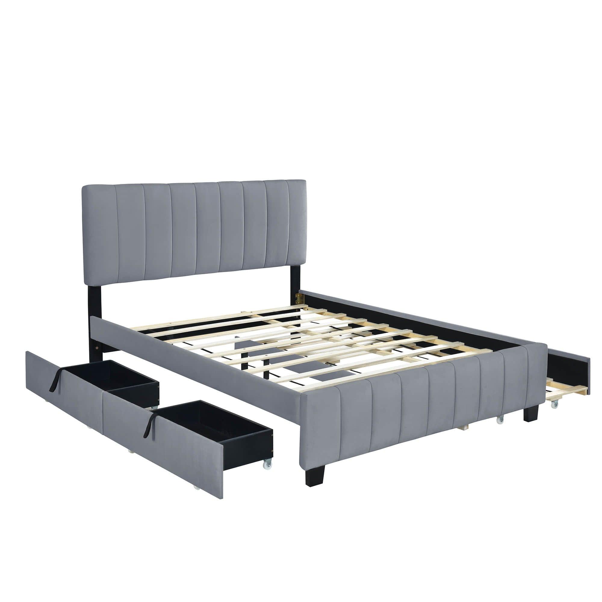 Velvet Upholstered Queen Size Platform Bed with Storage and Trundle