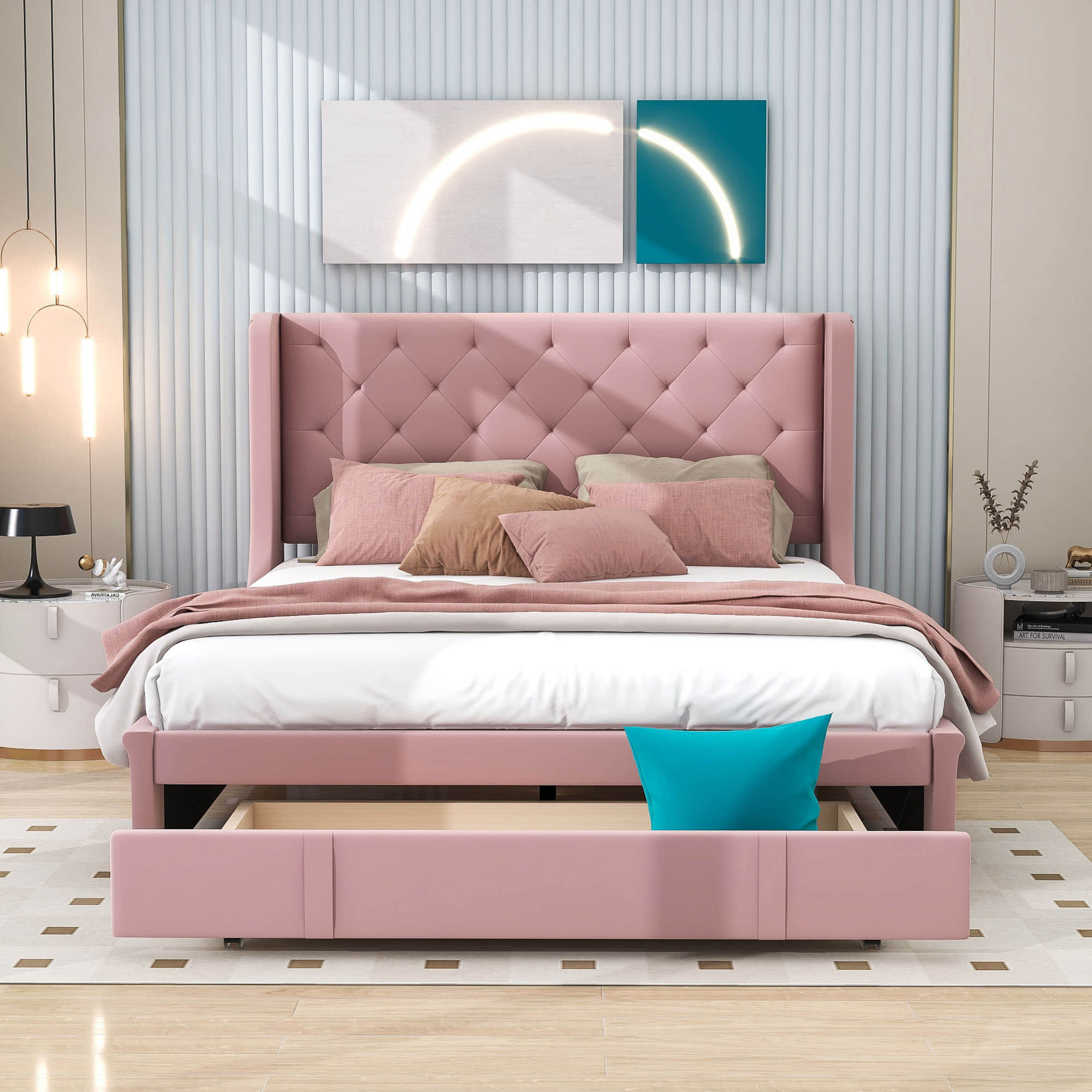 Queen Upholstered Bed Frame with Wingback Headboard and Storage