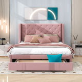 Queen Upholstered Bed Frame with Wingback Headboard and Storage