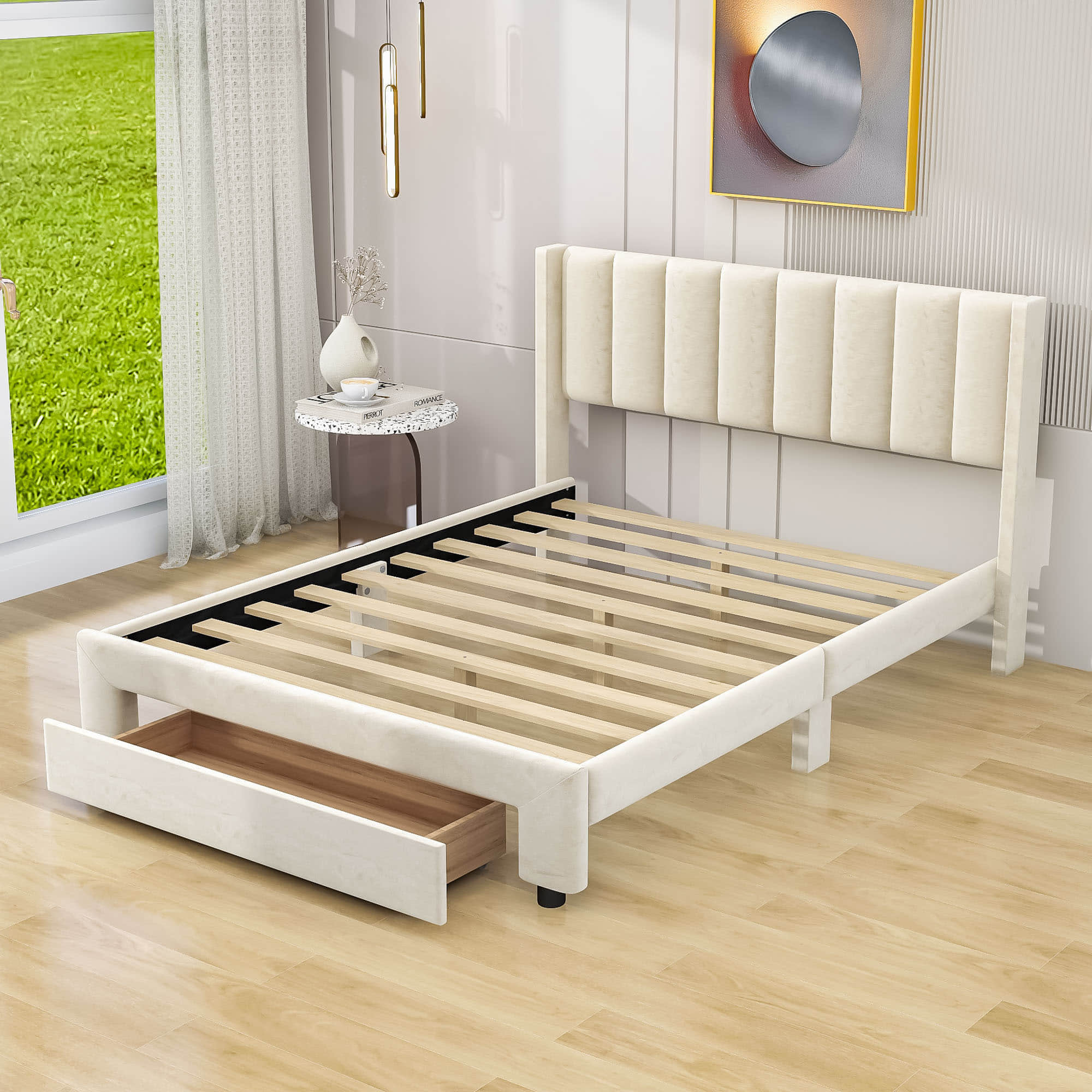 Velvet Queen Size Upholstered Platform Bed Frame with Headboard and Storage