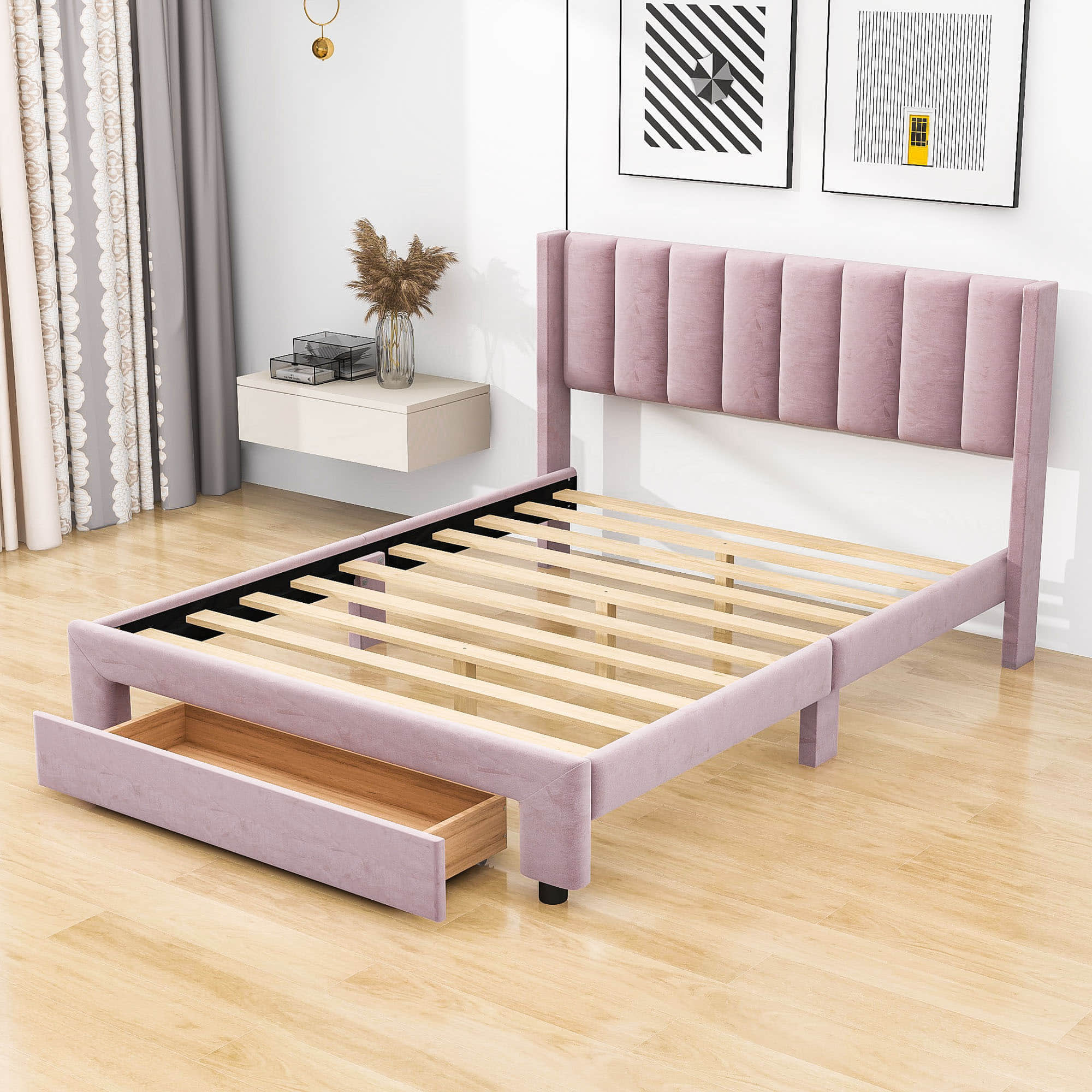 Velvet Queen Size Upholstered Platform Bed Frame with Headboard and Storage