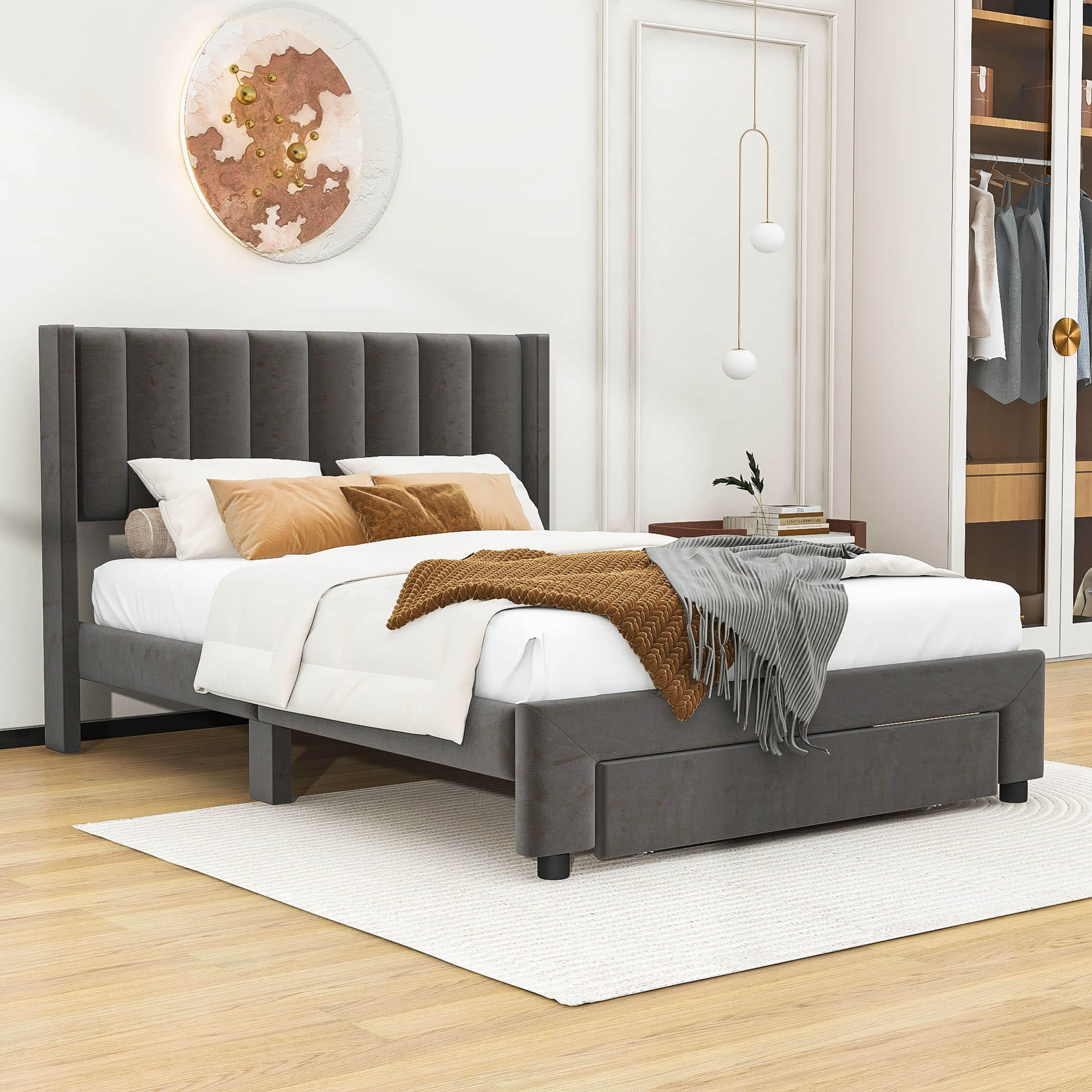 Velvet Full Size Upholstered Platform Bed Frame with Headboard and Storage