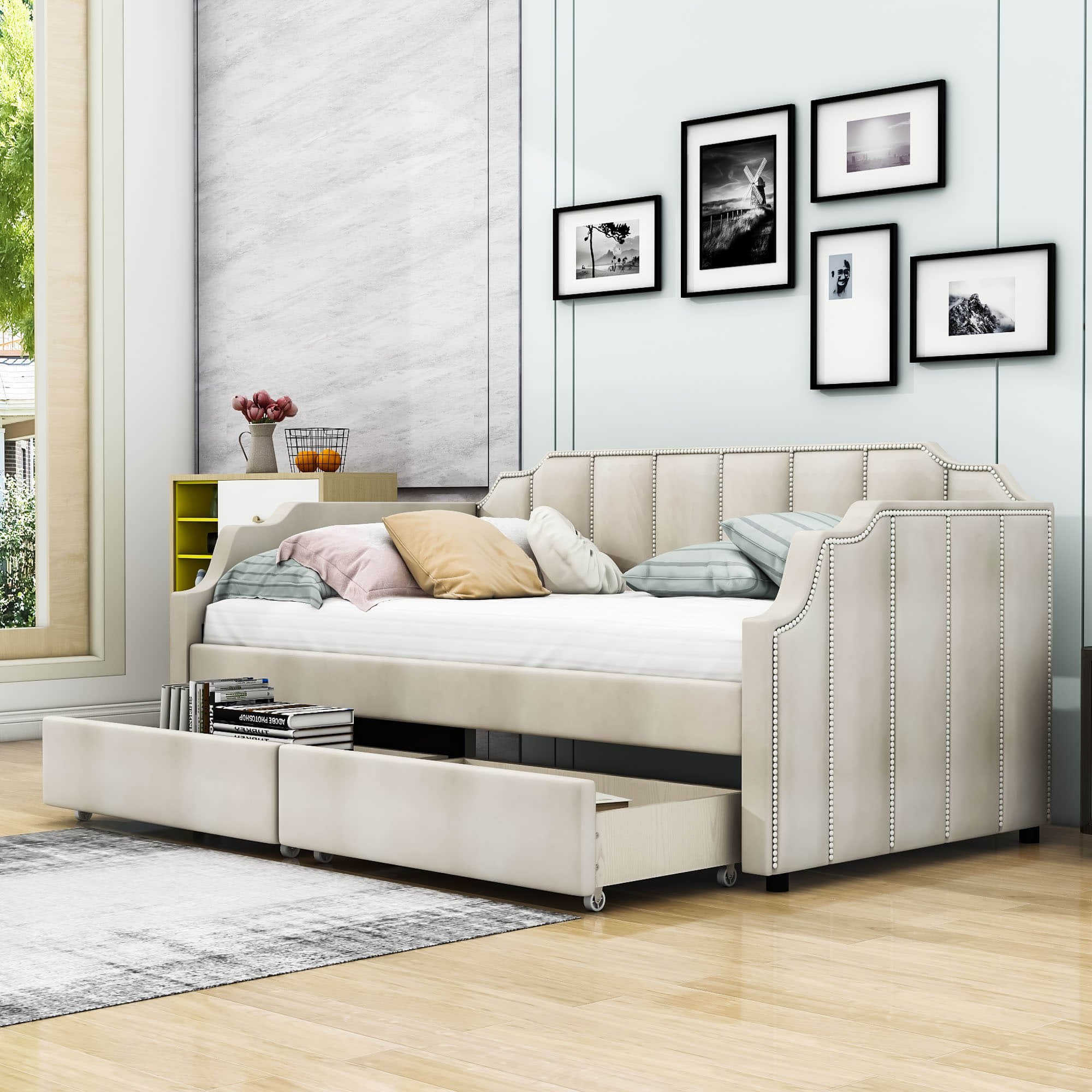 Modern Twin Size Upholstered Daybed with Storage Drawers