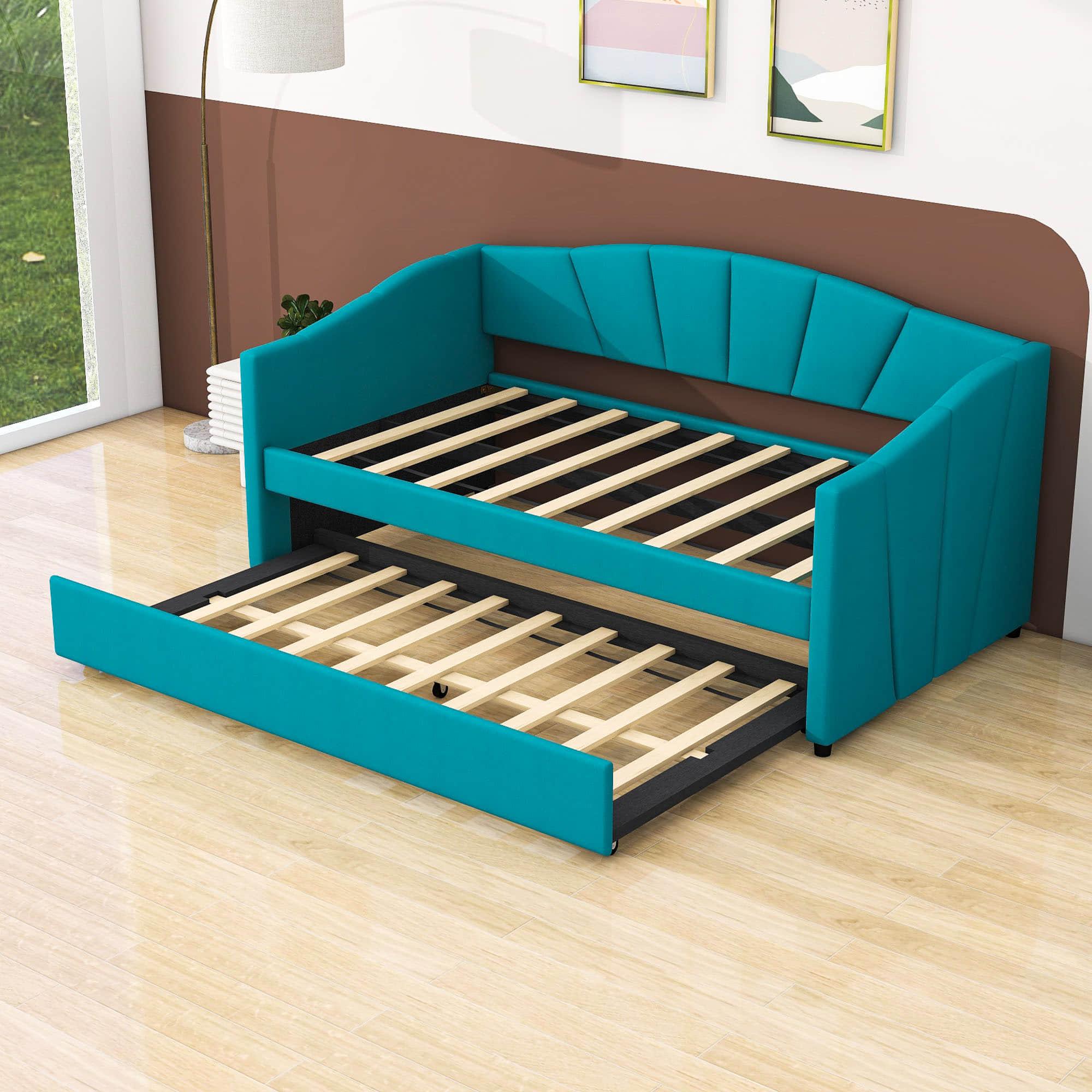 Velvet Upholstered Twin Daybed with Trundle Bed