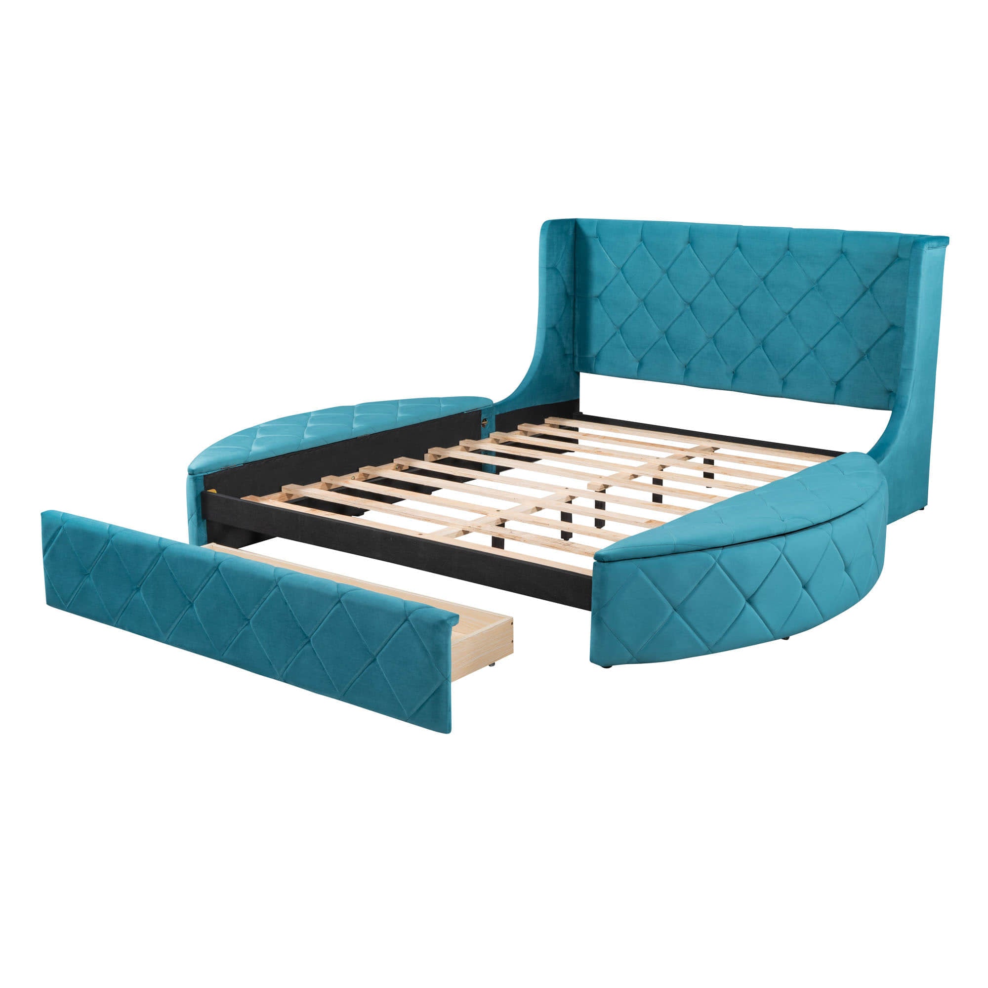 Upholstered Queen Platform Bed Frame with Wingback Headboard and Storage