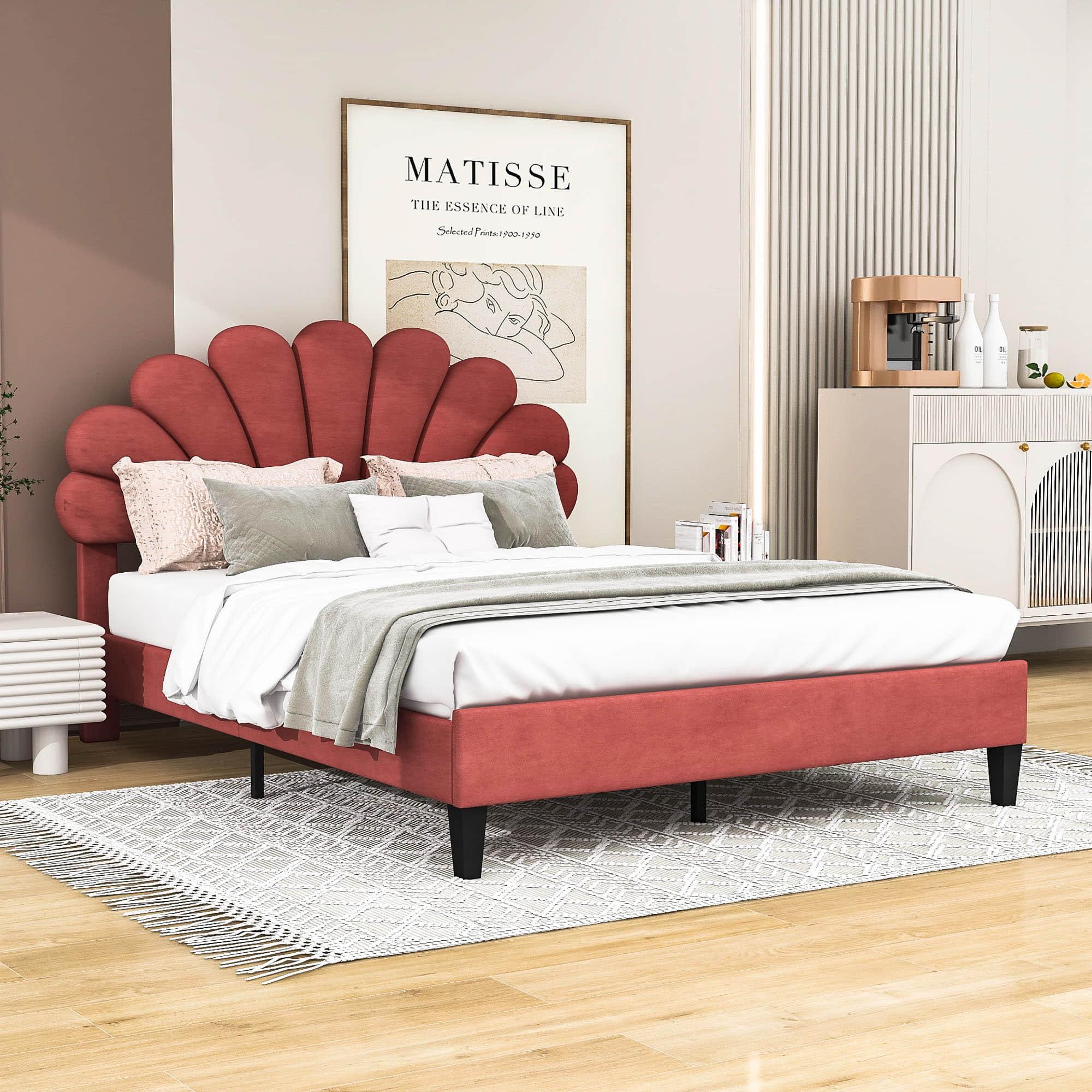 Modern Queen Size Velvet Upholstered Platform Bed Frame with Headboard