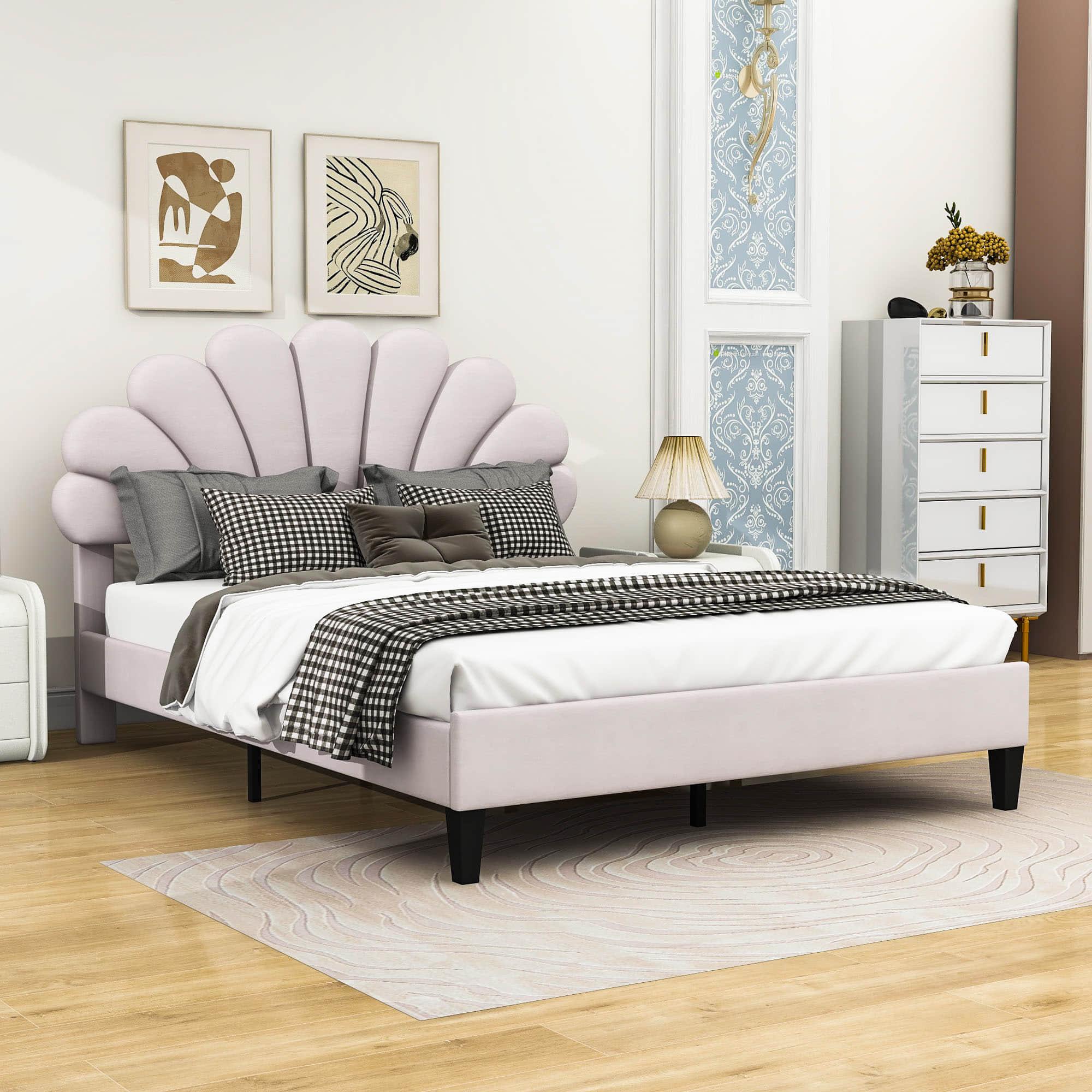 Modern Queen Size Velvet Upholstered Platform Bed Frame with Headboard