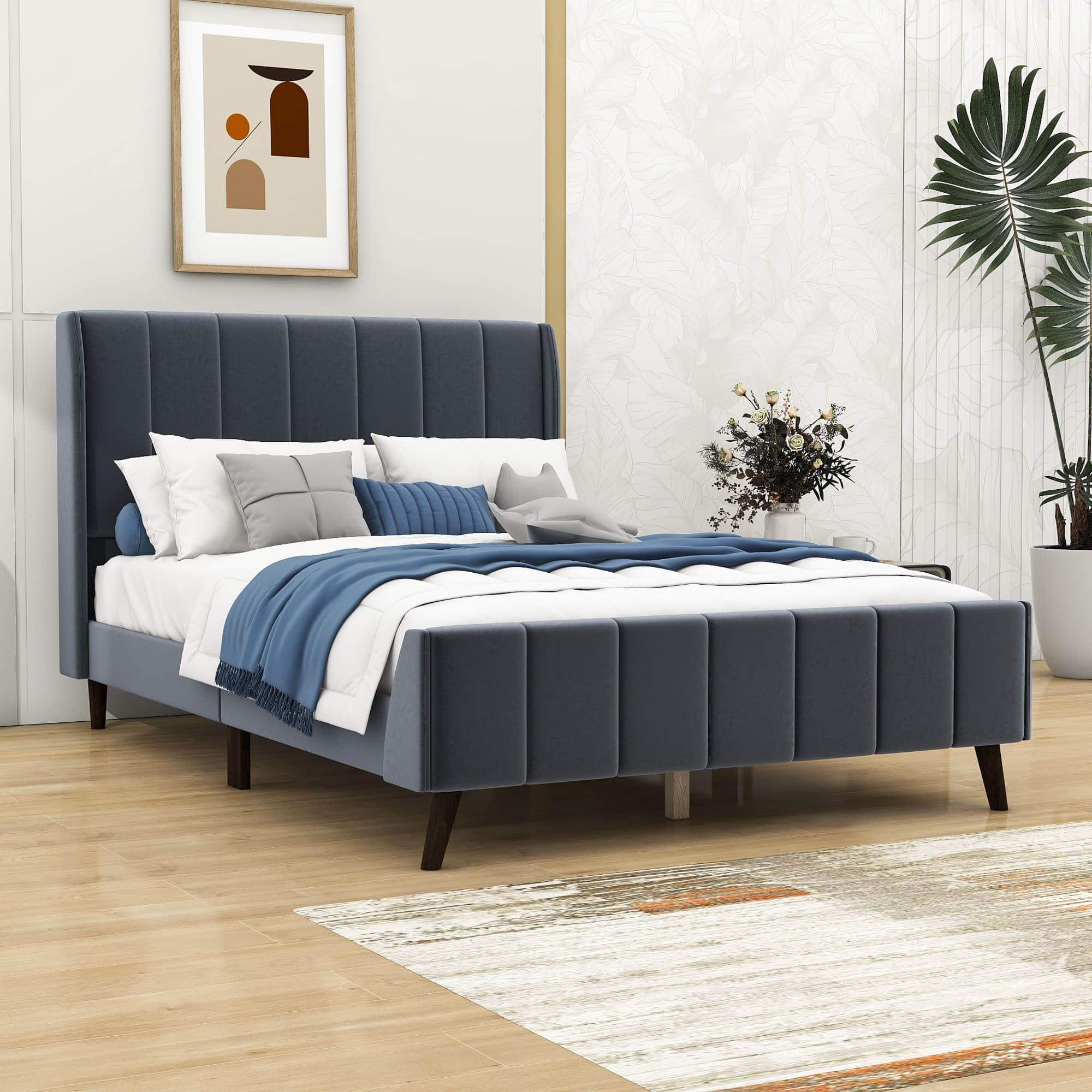 Modern Velvet Upholstered Full Size Bed Frame with Wingback Headboard