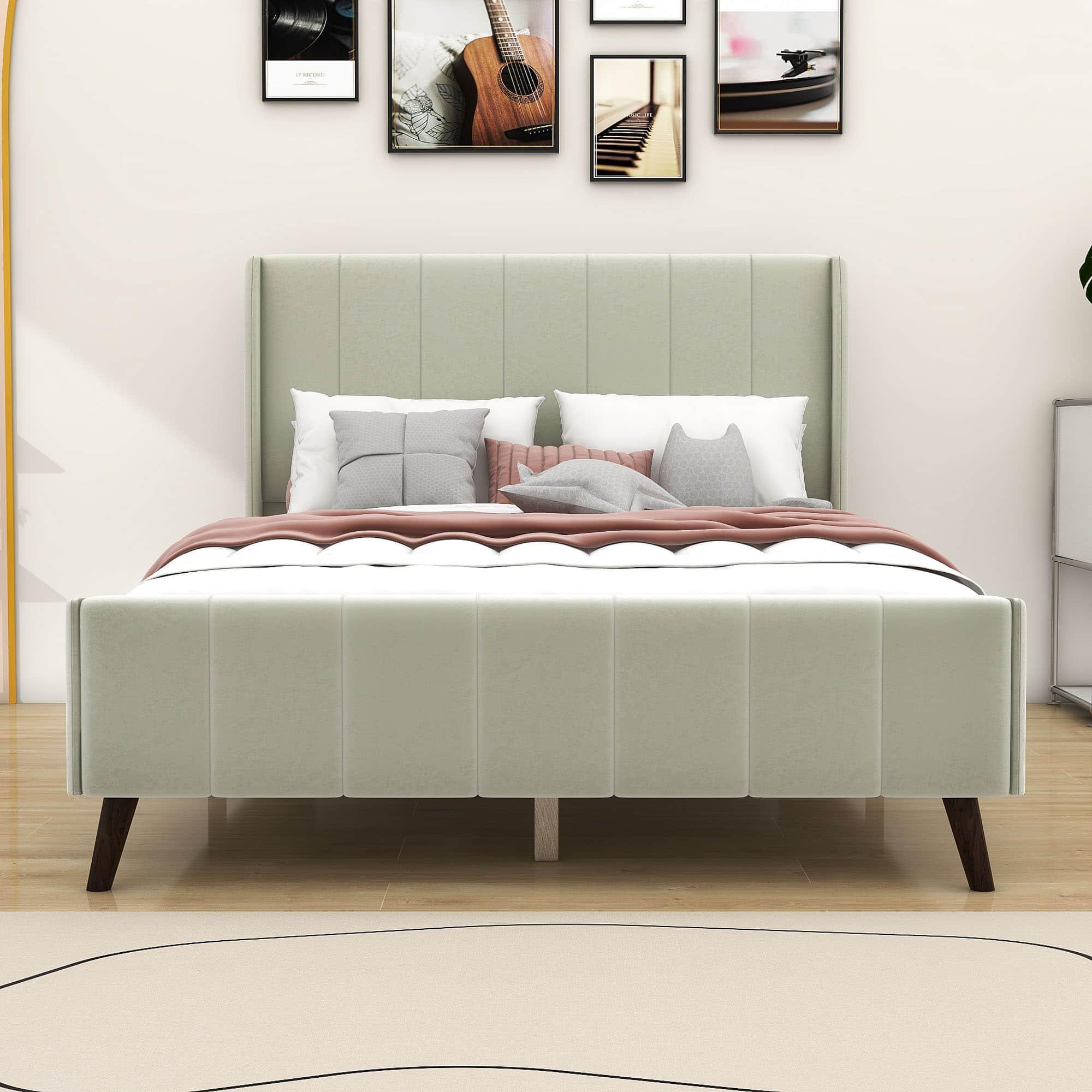 Modern Velvet Upholstered Full Size Bed Frame with Wingback Headboard