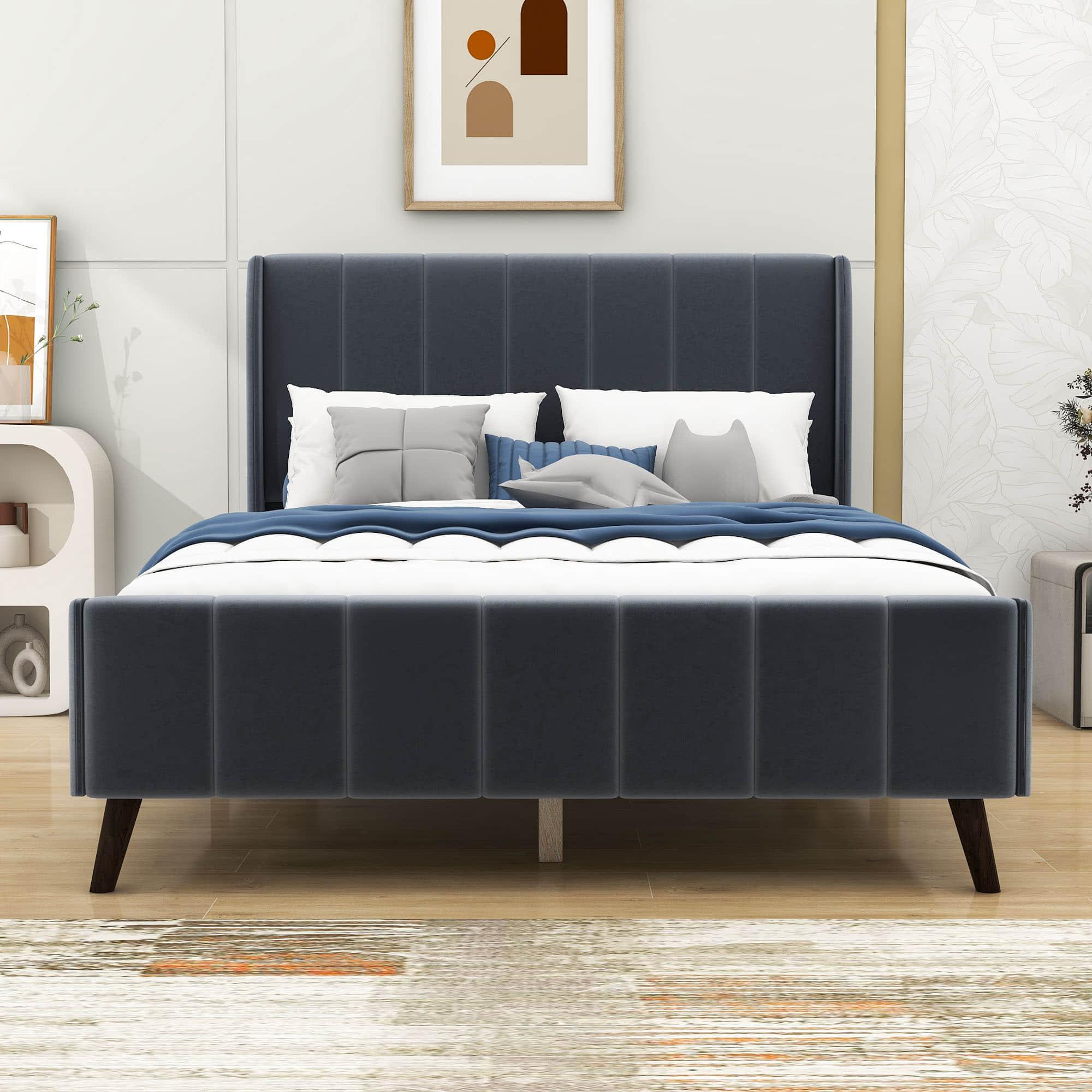 Modern Velvet Upholstered Full Size Bed Frame with Wingback Headboard