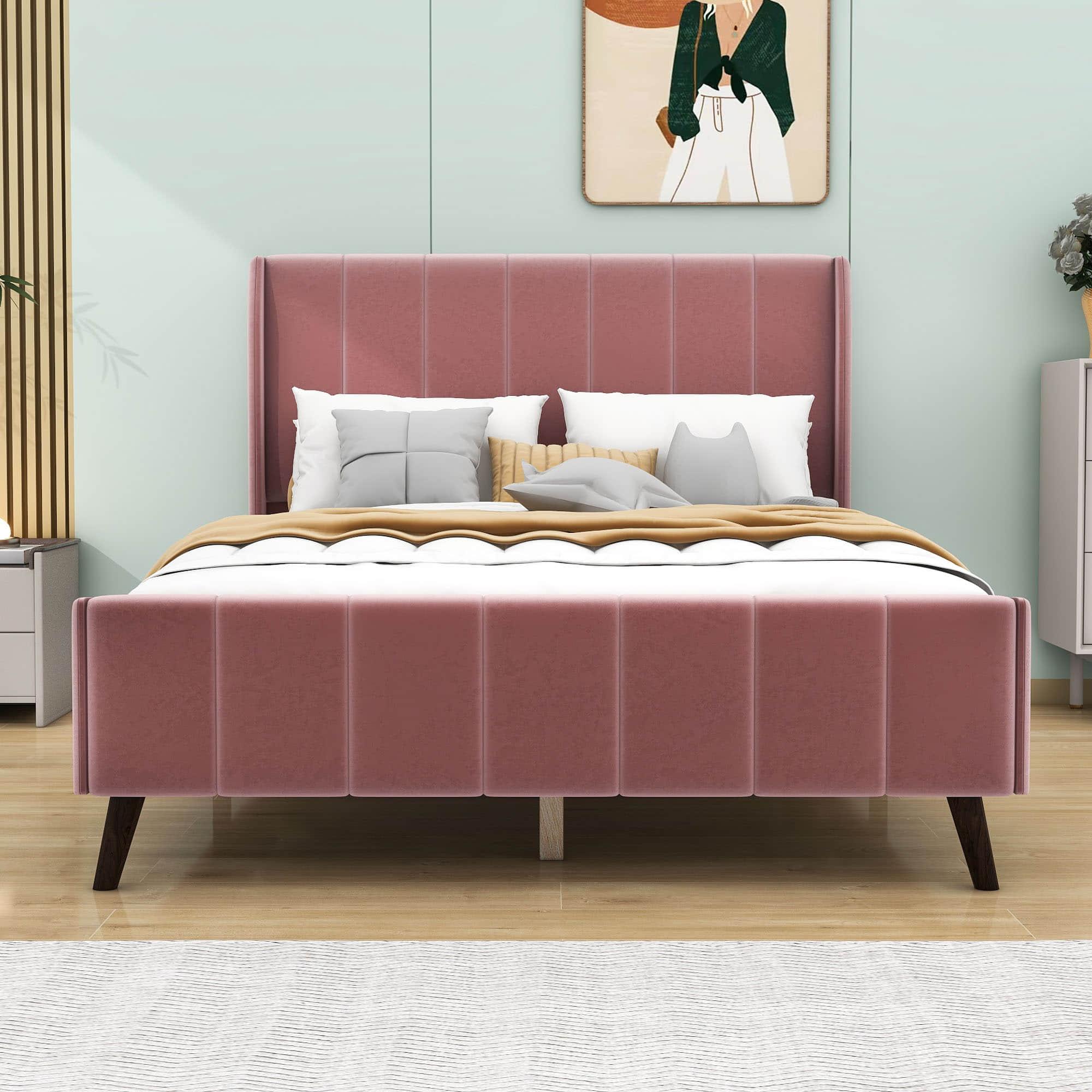 Modern Velvet Upholstered Full Size Bed Frame with Wingback Headboard