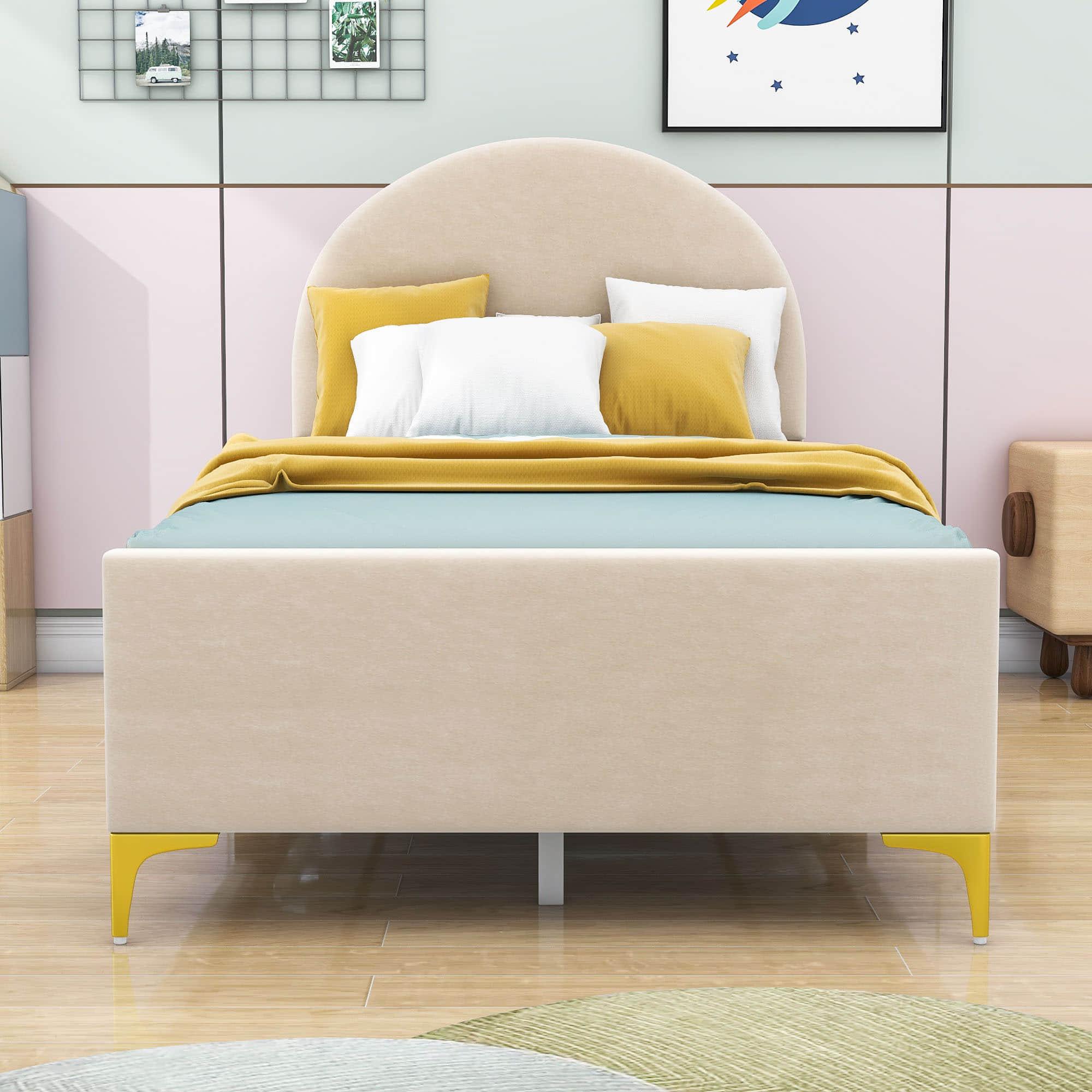 Velvet Upholstered Twin Bed Frame with Headboard for Kids, Adults