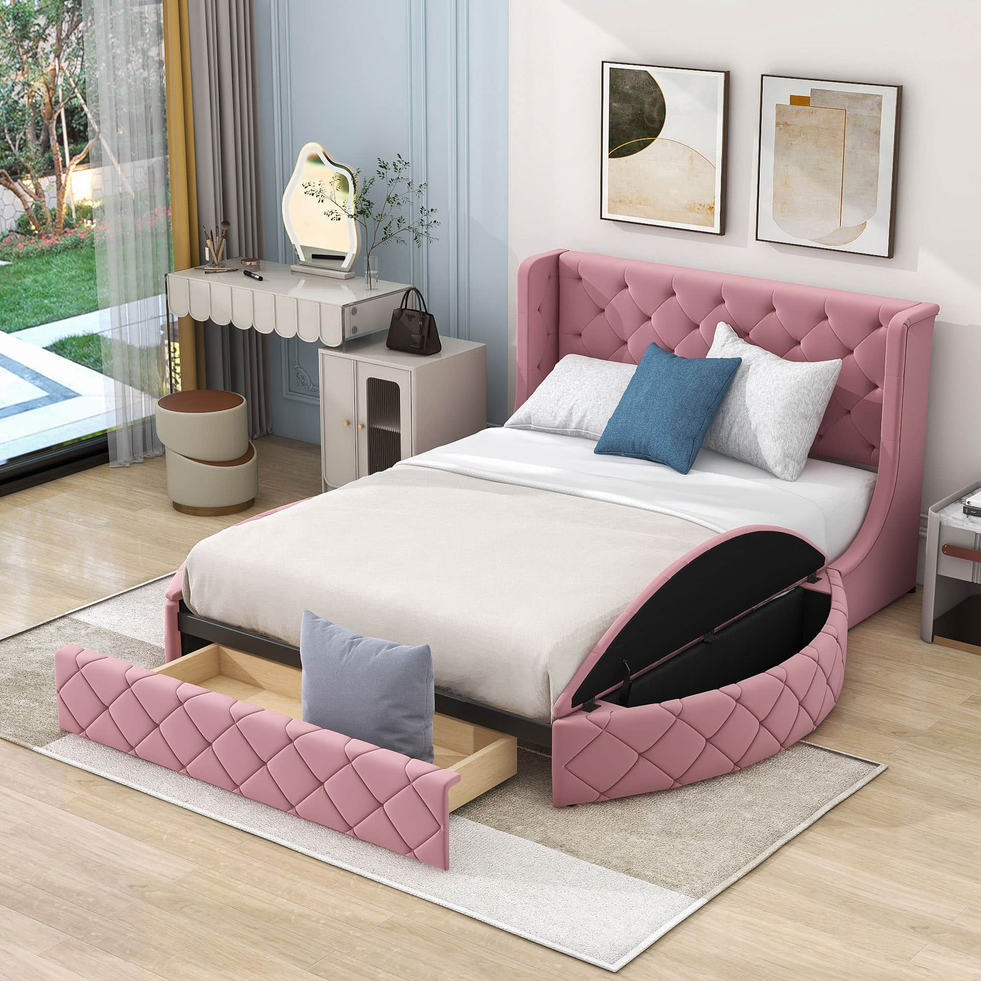 Upholstered Queen Platform Bed Frame with Wingback Headboard and Storage