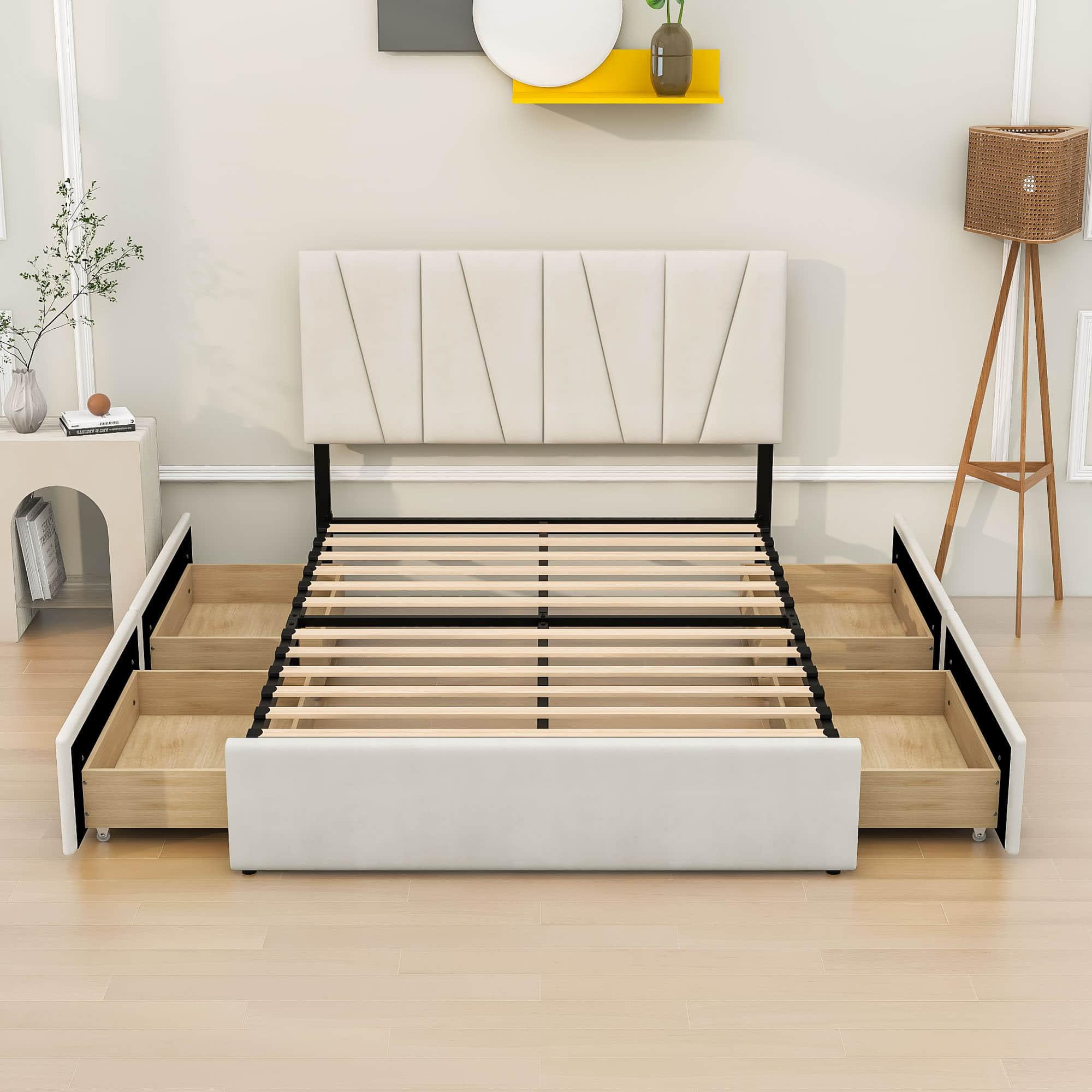 Upholstered Full Size Platform Bed with Headboard and Storage - [4 Drawers, Velvet]