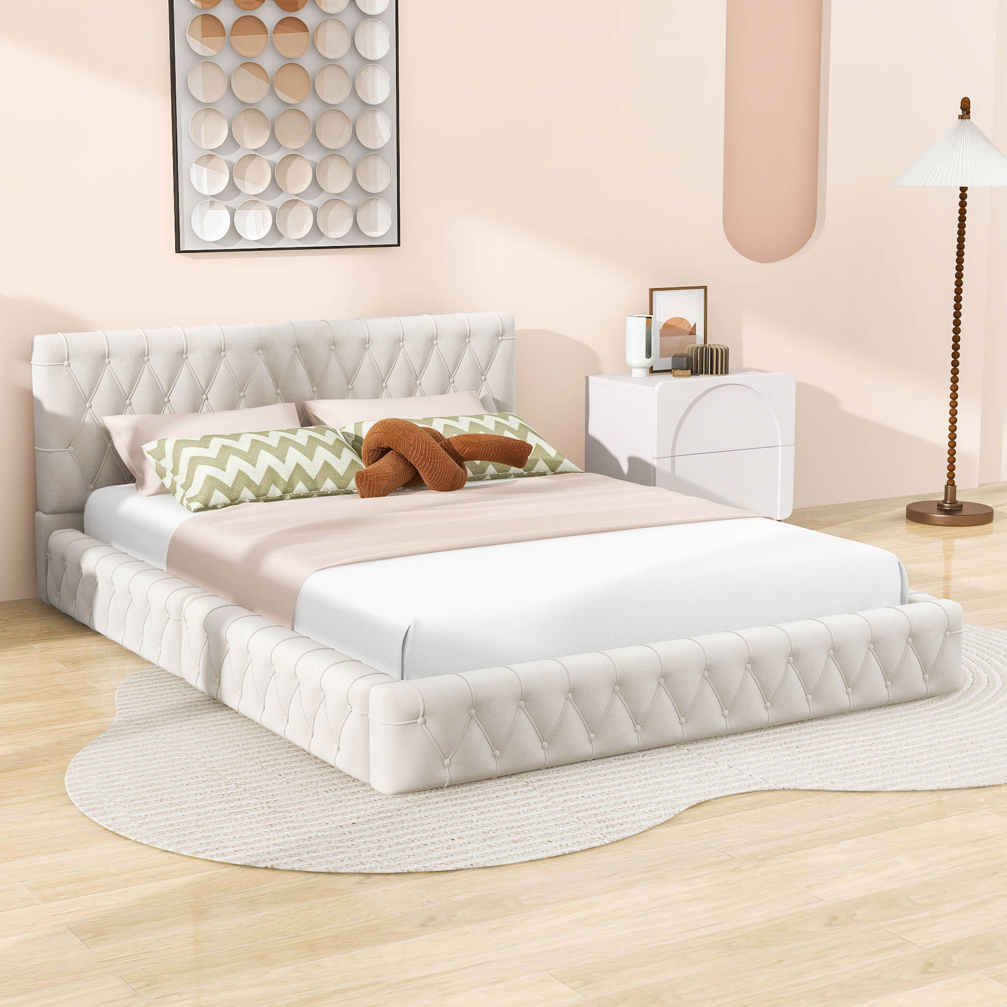 Modern Velvet Upholstered Queen Bed Frame with Tufted Headboard