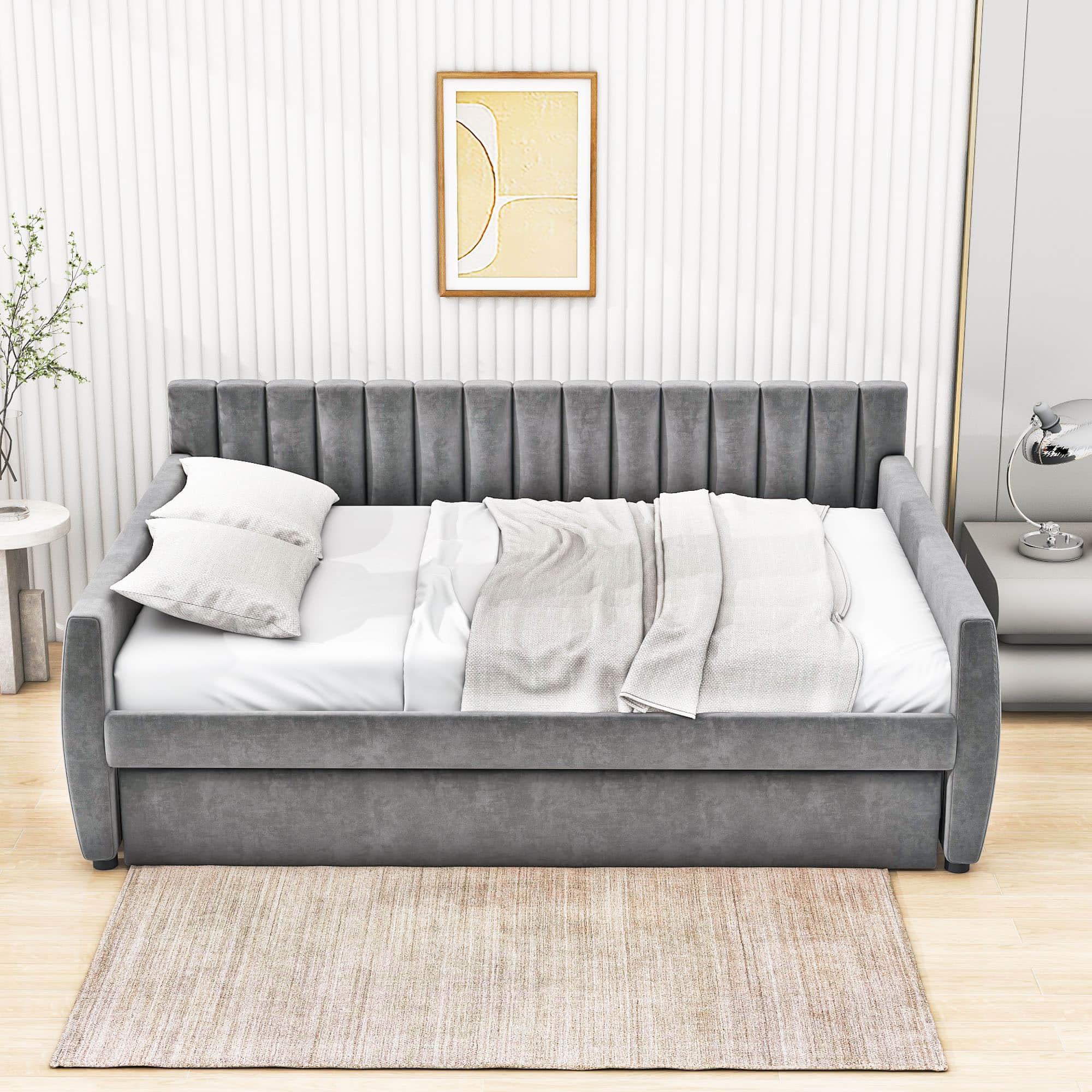 Velvet Upholstered Full Size Daybed with Trundle