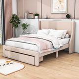 Velvet Upholstered Full Size Platform Bed with Headboard and Storage - [Drawer]