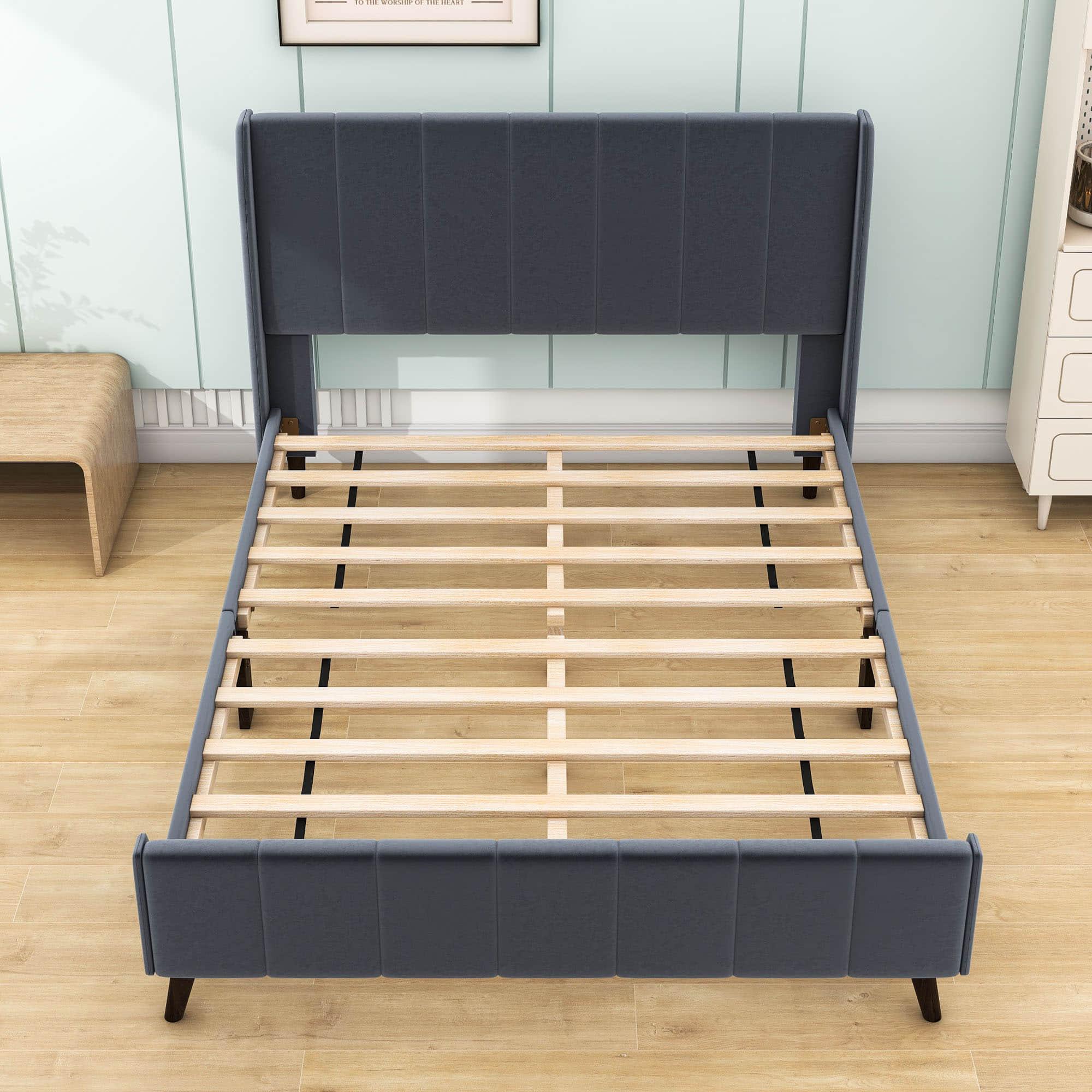 Modern Velvet Upholstered Queen Bed Frame with Wingback Headboard