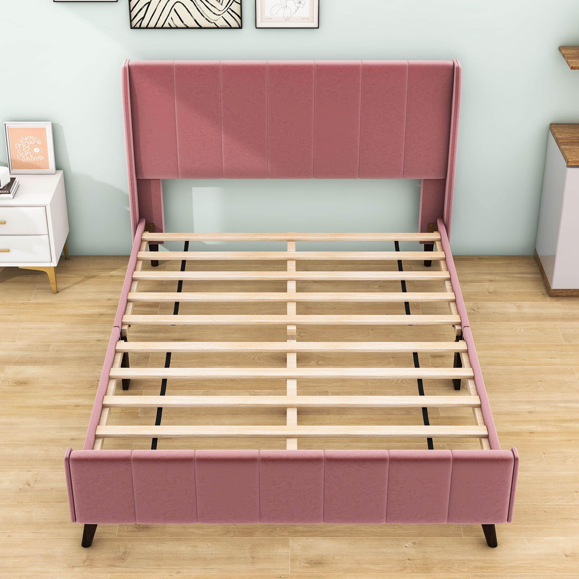 Modern Velvet Upholstered Queen Bed Frame with Wingback Headboard