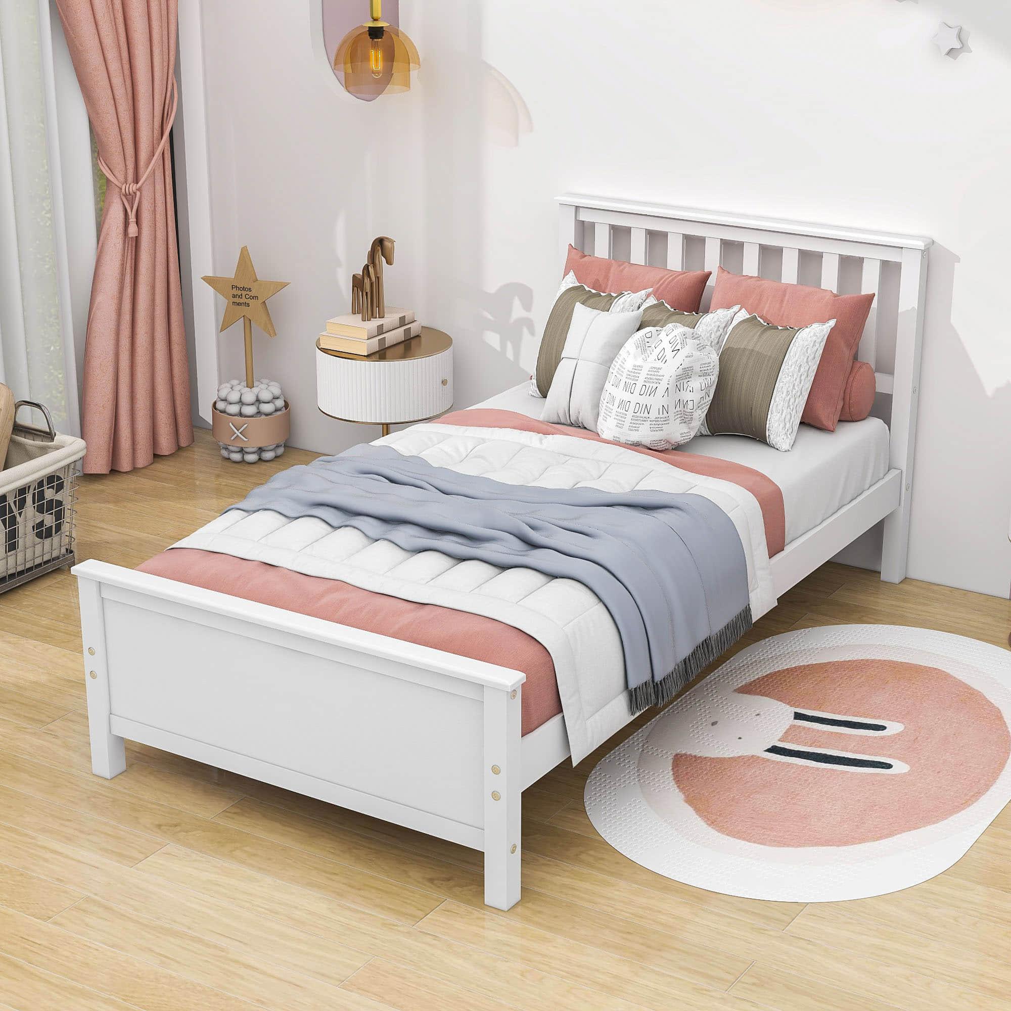 Wooden Twin Platform Bed with Headboard for Kids, Adult