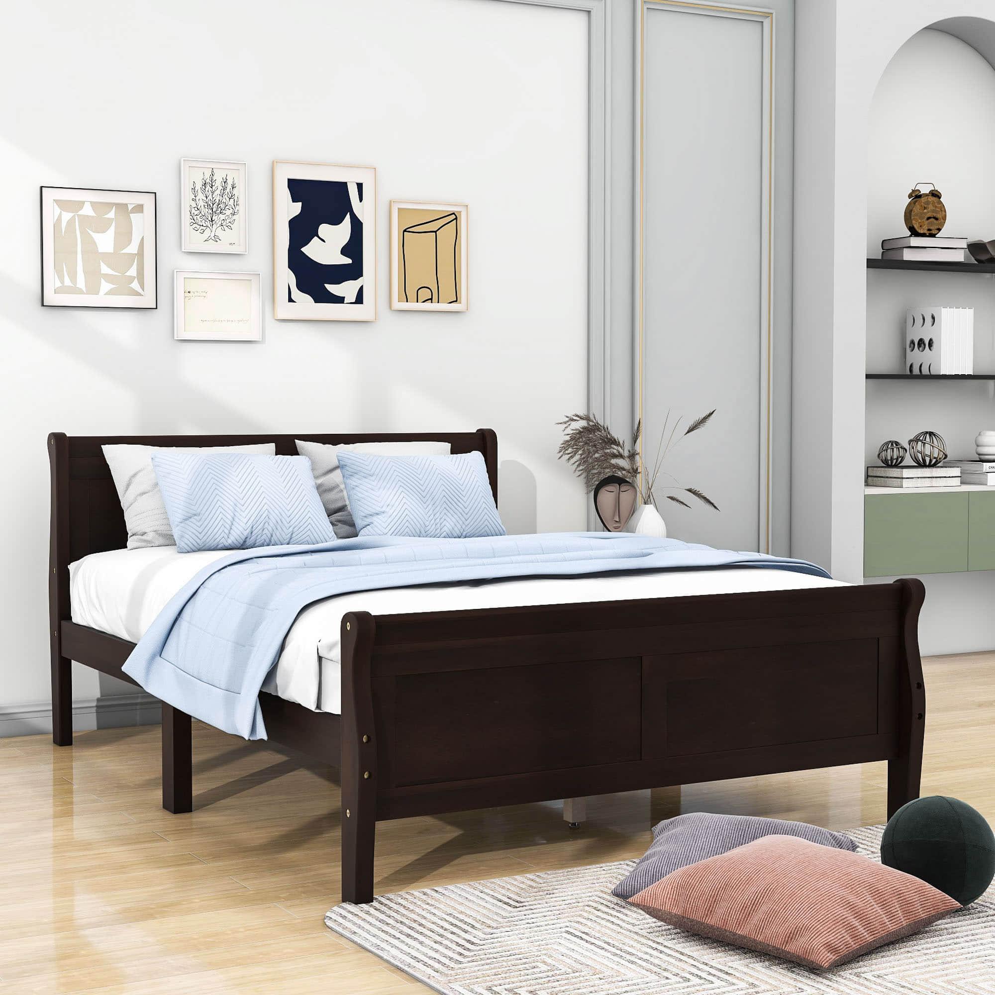 Wooden Full Size Platform Bed with Headboard - [Sleigh]