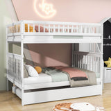 Wooden Full Size Bunk Bed with Stairs and Trundle, Storage Shelves