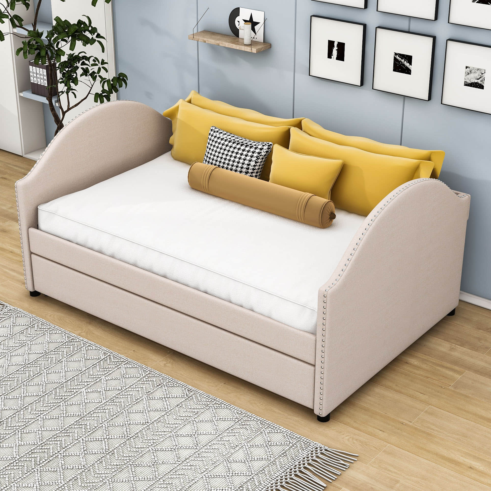 Modern Full Size Upholstered Daybed with Twin Trundle for Adults