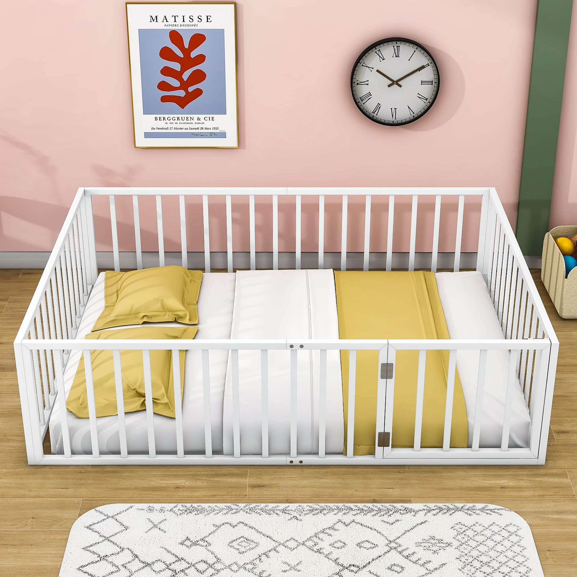 Metal Montessori Queen Toddler Floor Bed with Rails for Kids