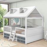 Low Full Size Loft House Bed with Storage for Kids, Toddler - [Wooden]