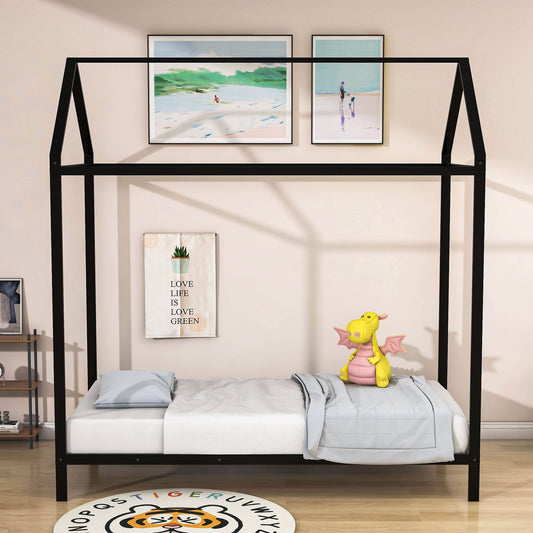 Twin Size Kids Low to Floor House Bed Frame for Boys and Girls